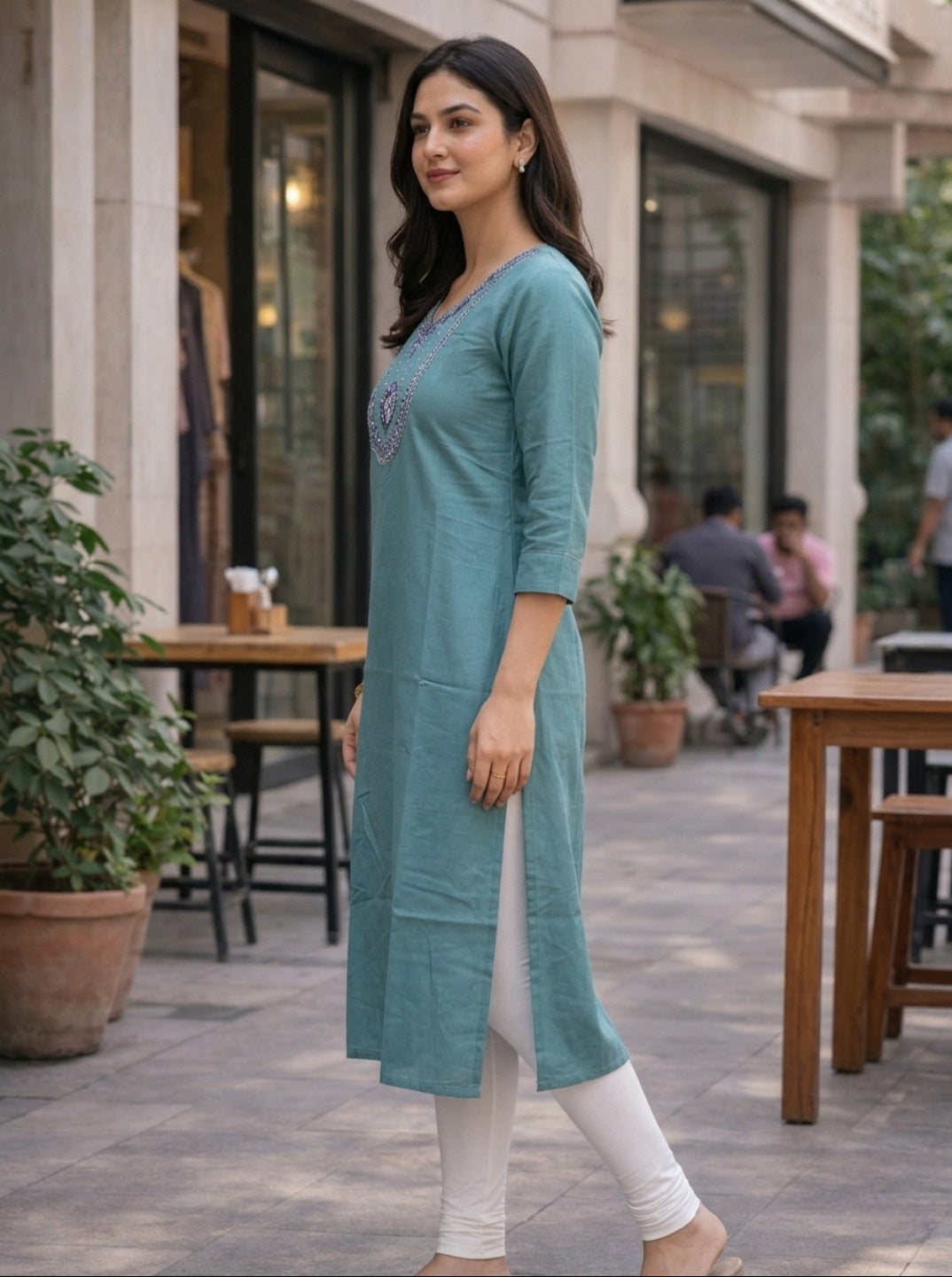 Firozi Rayon Slub Embroidered Straight Kurti for Women | Casual & Ethnic Wear