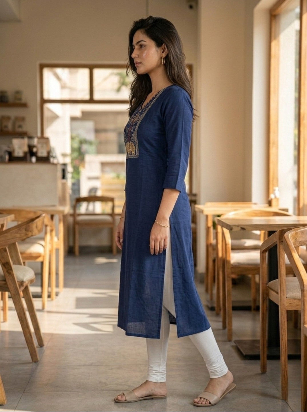 Navy Blue Rayon Slub Embroidered Straight Kurti for Women | Ethnic Casual Wear
