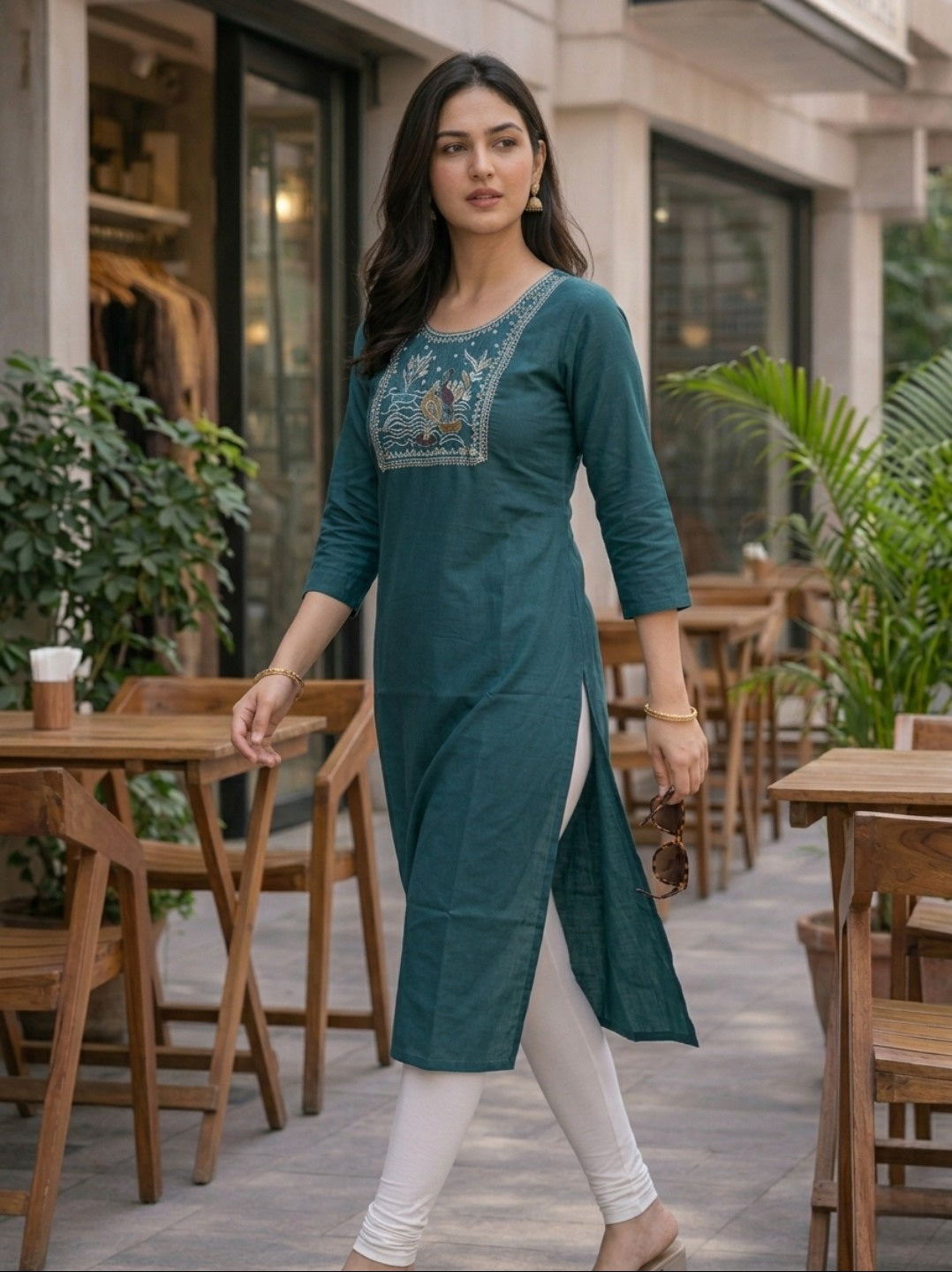 Stylish Teal Green Rayon Slub Embroidered Straight Kurti for Women | Casual Ethnic Wear