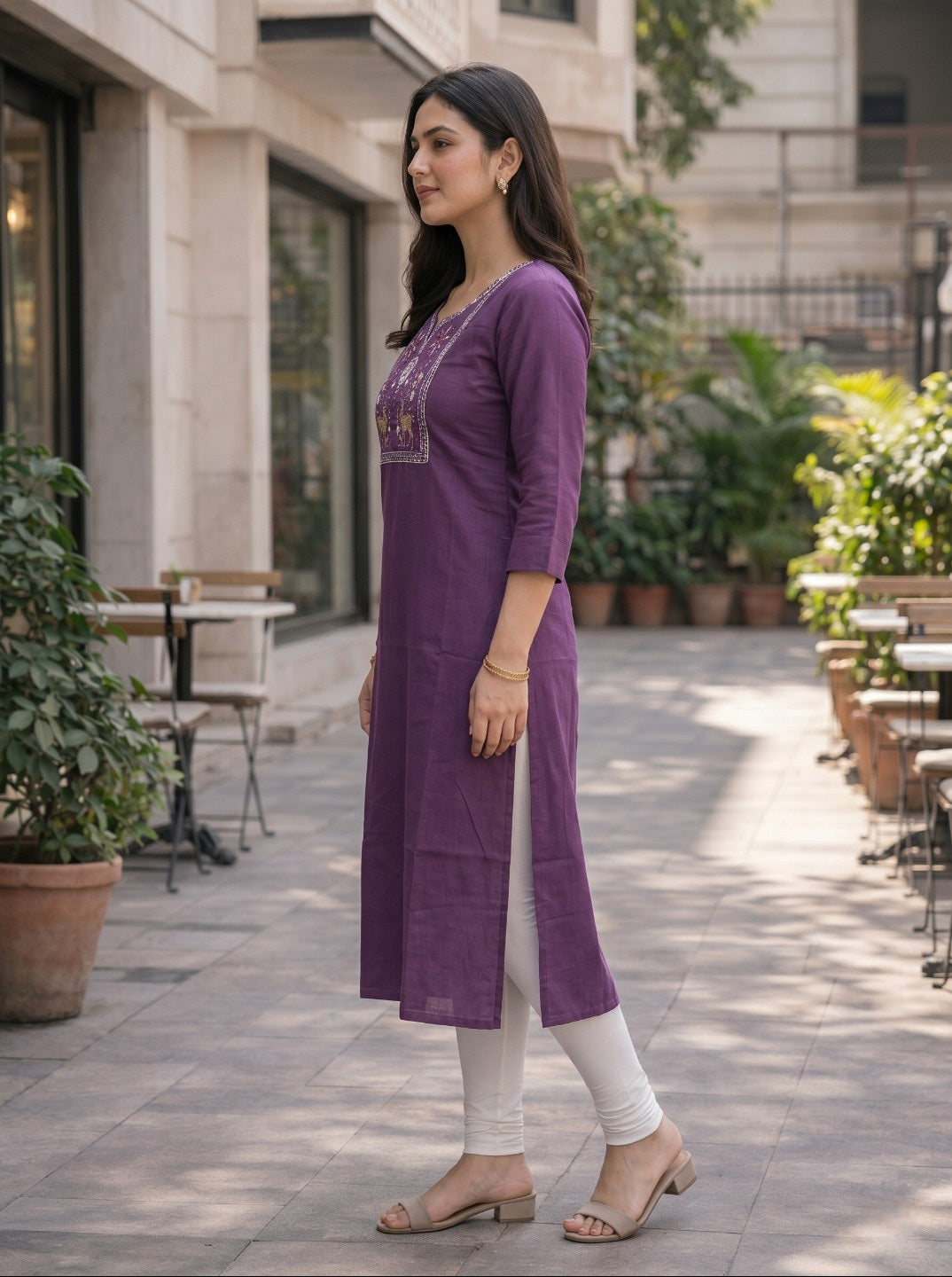 Women Wine Rayon Slub Embroidered Straight Kurti | Elegant Ethnic Casual Wear for Women