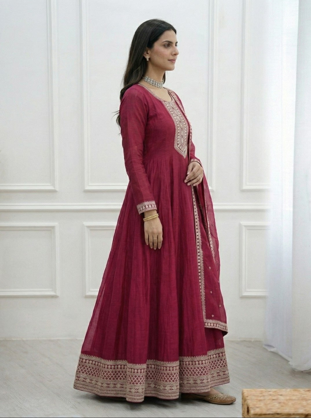 Dark Pink Pure Vichitra Silk Anarkali Kurta Set with Dupatta | Heavy Embroidered Party Wear Gown Set for Women