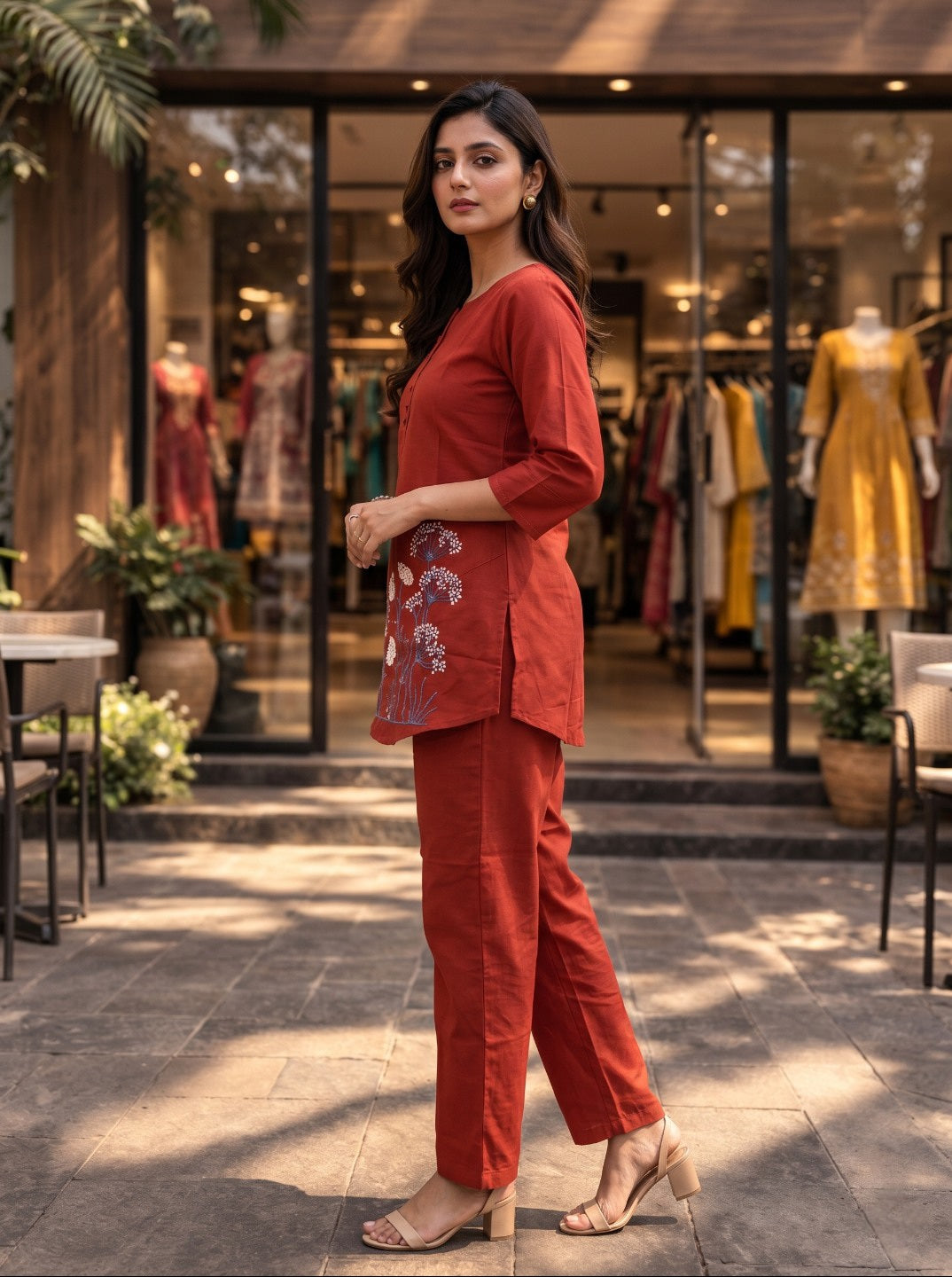 Women's Rust Cotton Floral Printed Co-Ord Set | Straight Fit Top With Matching Pants | Casual & Ethnic Wear Set