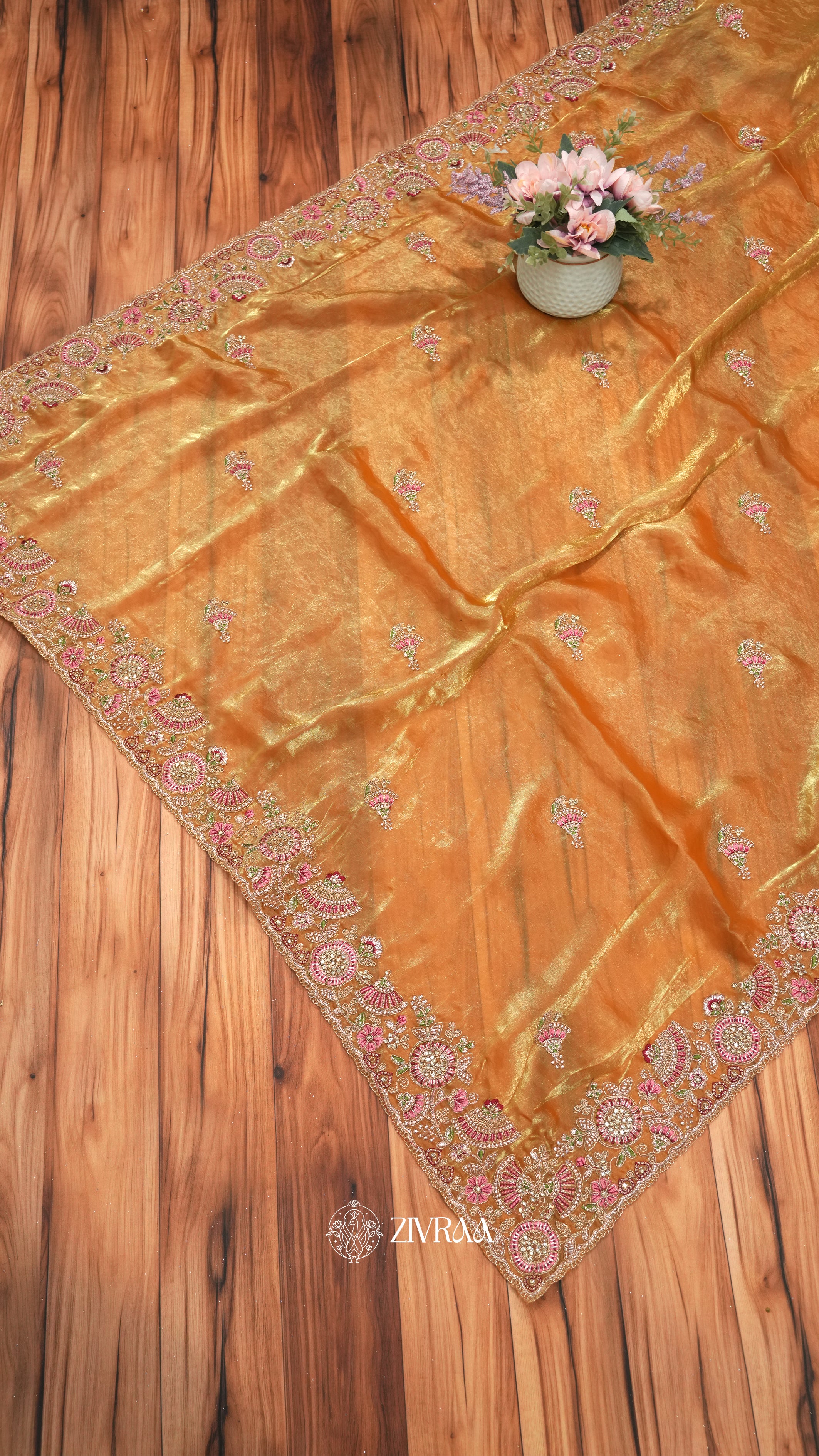 Mustard Golden Silk Saree with Heavy Floral Embroidered Border & Zari Work