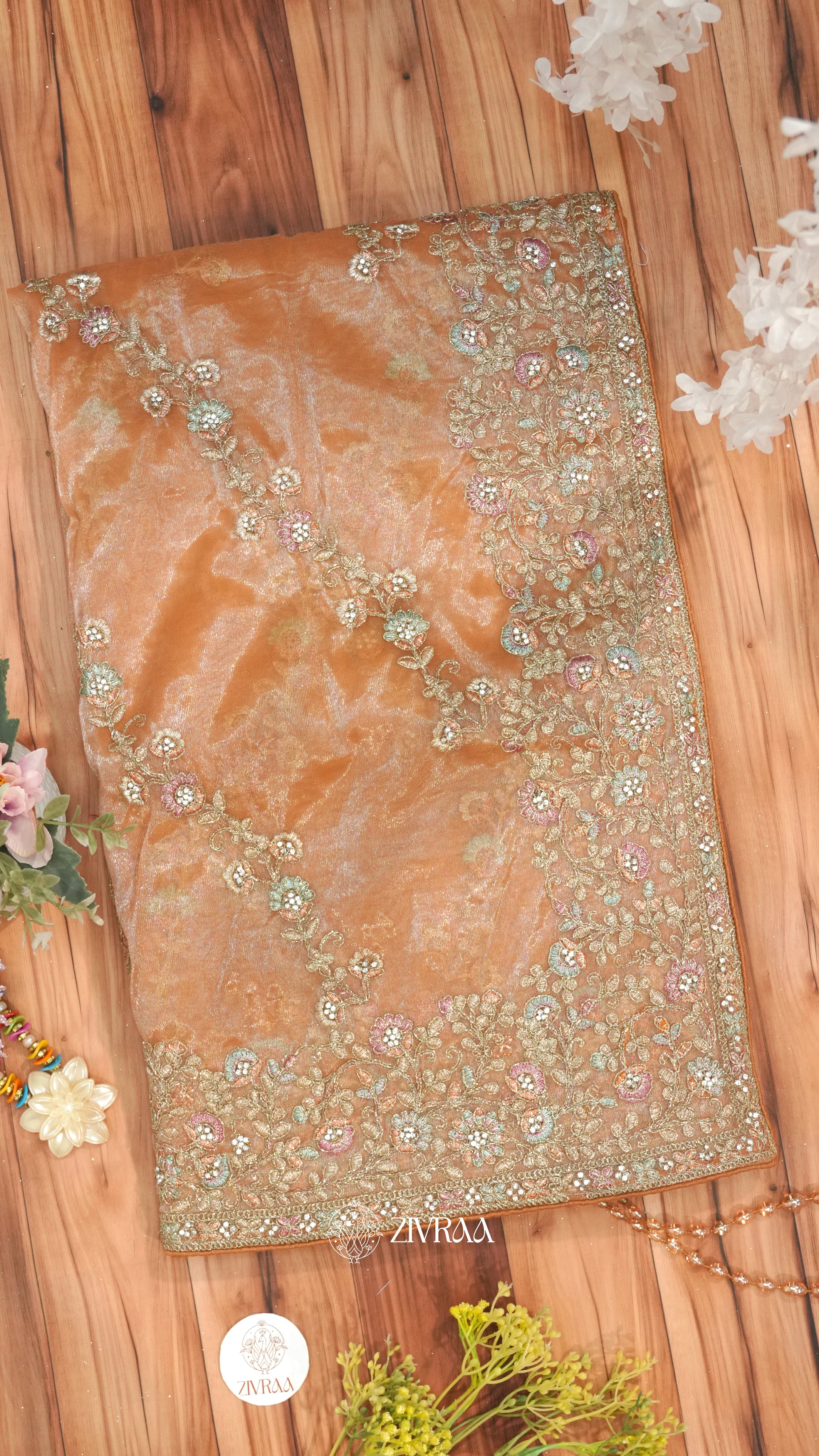 Sage Green Shimmer net Saree with Floral Embroidery & Heavy Designer Border