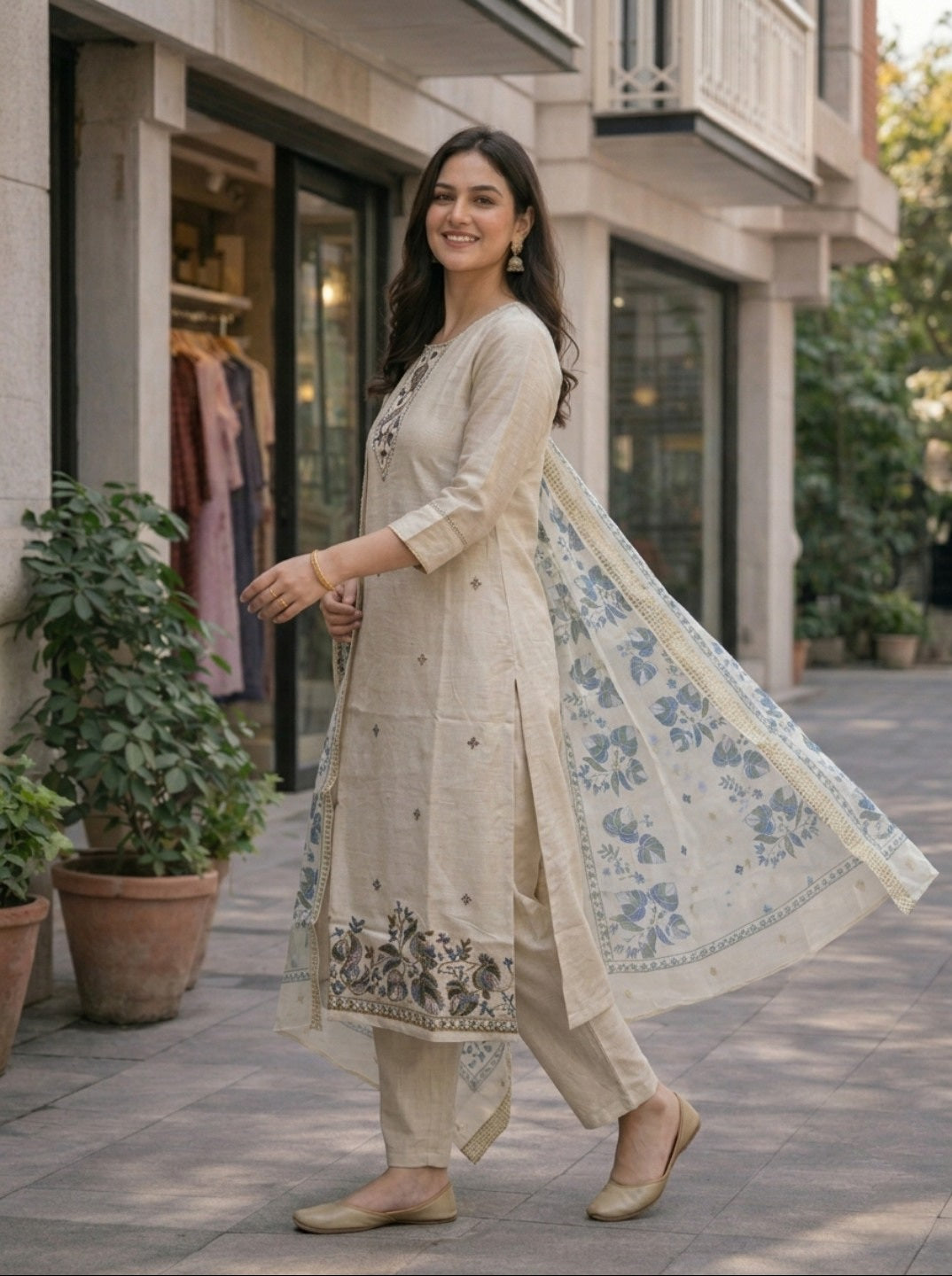 Women Offwhite Embroidered Vartican Silk Kurta Set With Dupatta | Ethnic 3 Piece Festive Suit Set