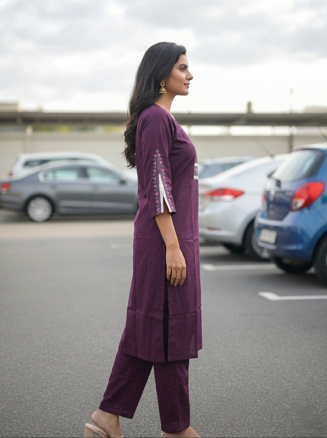 Royal Wine Cotton Embroidered Kurta Pant Set | Elegant Ethnic Cotton Kurta Set for Daily & Festive Wear