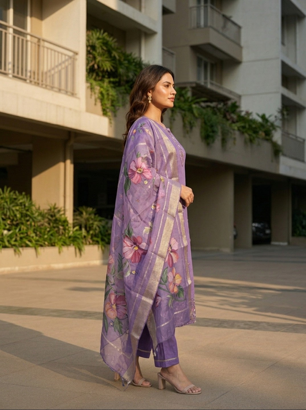 Lavender Roman Silk Embroidered Kurta Pant Set with Floral Organza Chanderi Dupatta | Elegant Ethnic Wear for Women