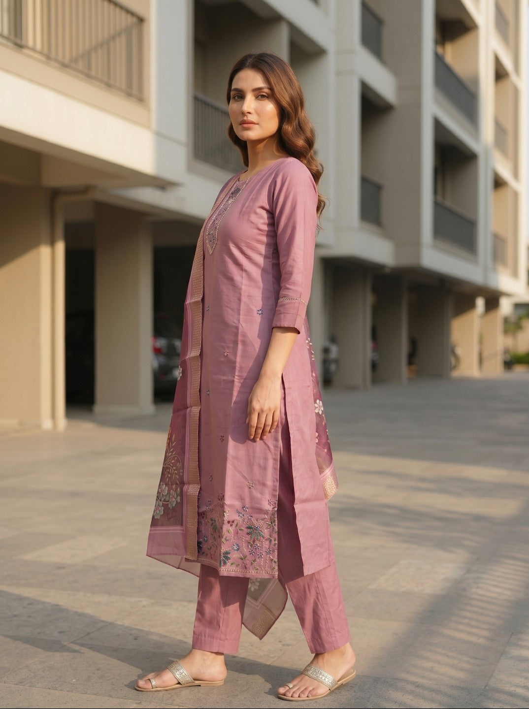 Pink Roman Silk Embroidered Kurta Pant Set with Floral Organza Chanderi Dupatta | Premium Ethnic Wear for Women