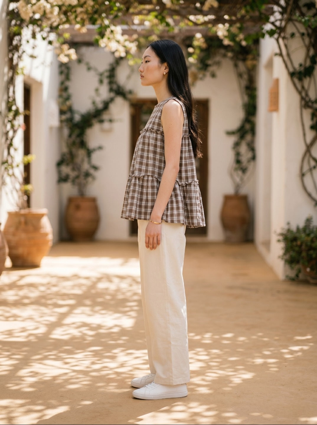 Women's Premium Linen Cotton Co-Ord Set | Sleeveless Checked Summer Co-Ord Set with Relaxed Pants | Casual Chic Everyday Wear