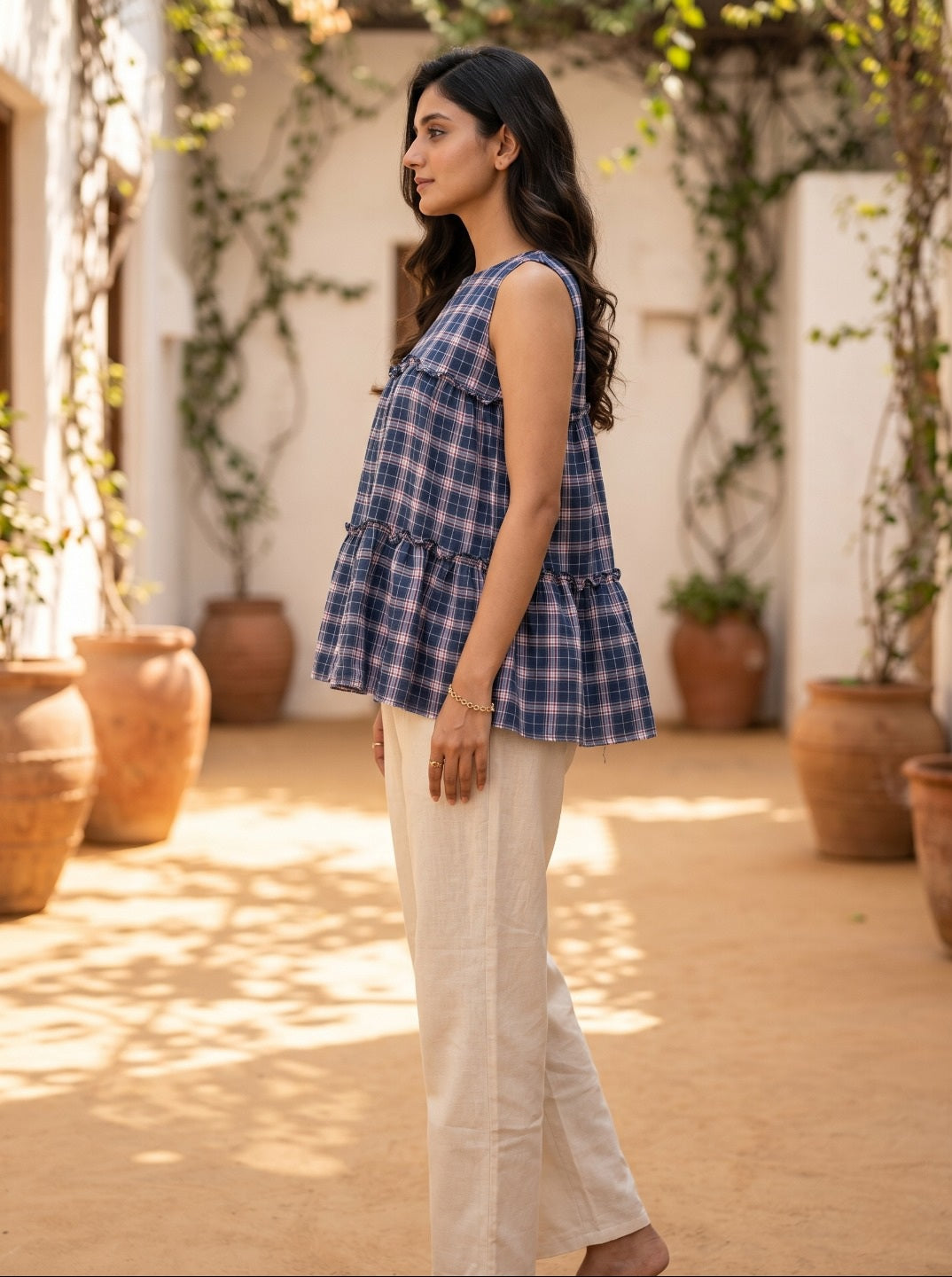 Women's Premium Linen Cotton Co-Ord Set | Sleeveless Checked Summer Co-Ord Set with Relaxed Pants | Casual Chic Everyday Wear