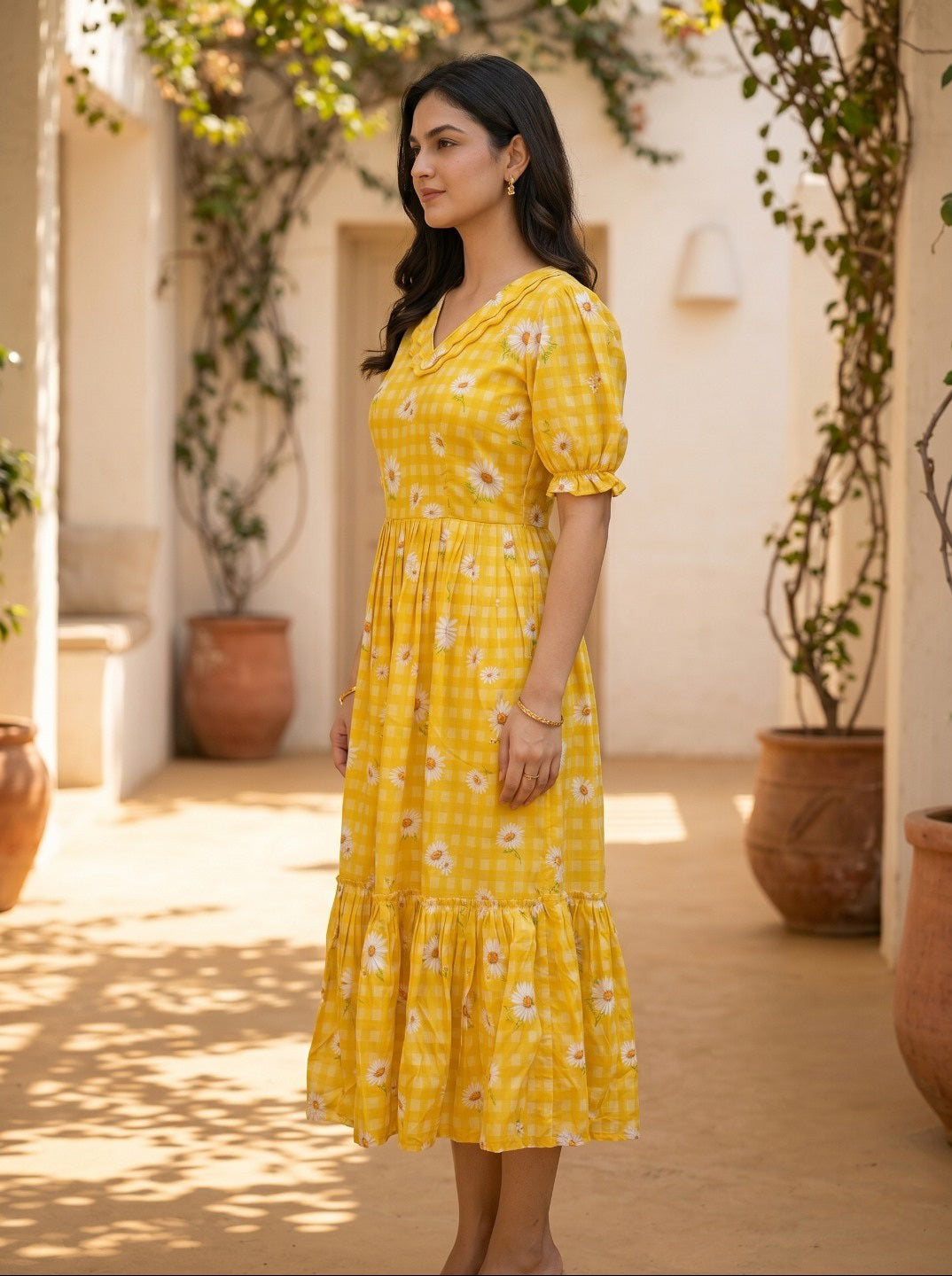Women’s Sunshine Yellow Muslin Silk Gingham Print Floral Midi Kurta | Elegant Summer Casual Dress for Women