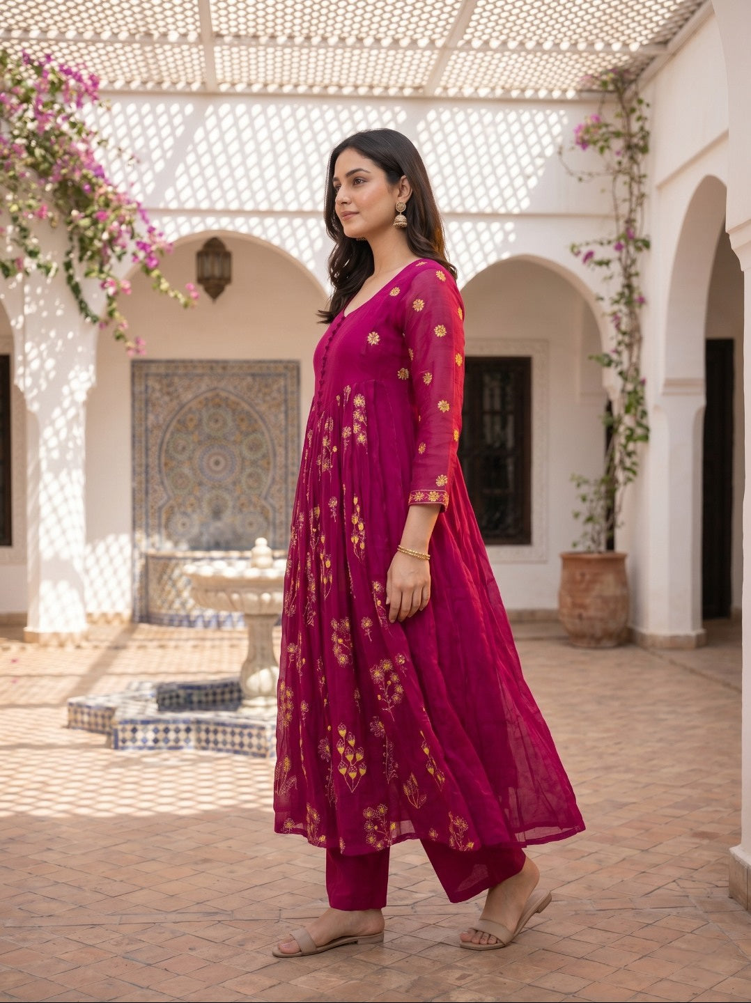 Premium Floral Printed Mal Chanderi Kurta Set for Women with Roman Silk Pant | Elegant Festive & Ethnic Wear