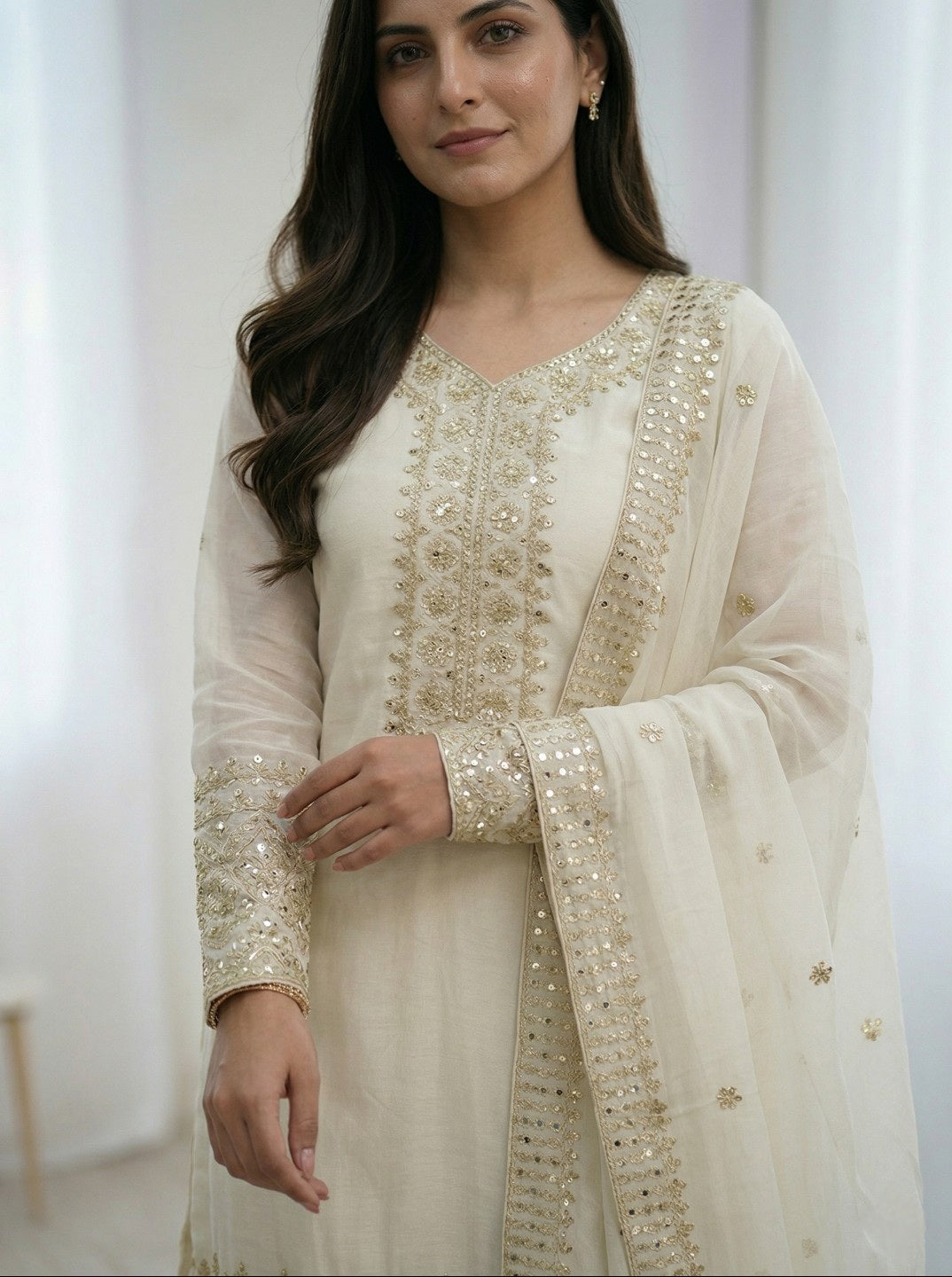 Off White Chinon Silk Embroidered Kurta Set with Dupatta | Straight Fit Ethnic Suit for Women | Festive & Party Wear