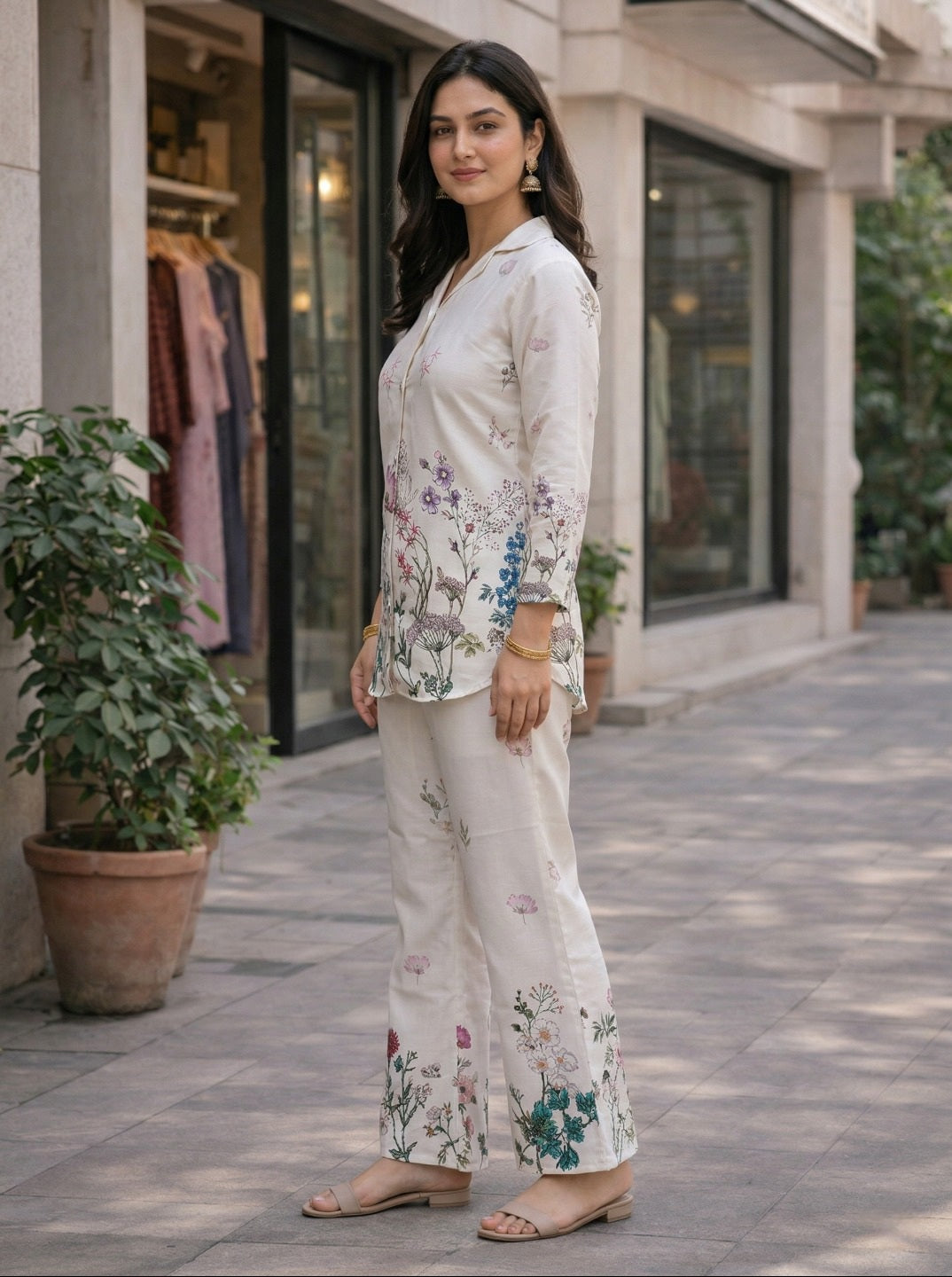 Off White Floral Printed Co-ord Set for Women | Rayon Slub Shirt & Pant Set | Casual Elegant Two Piece Outfit