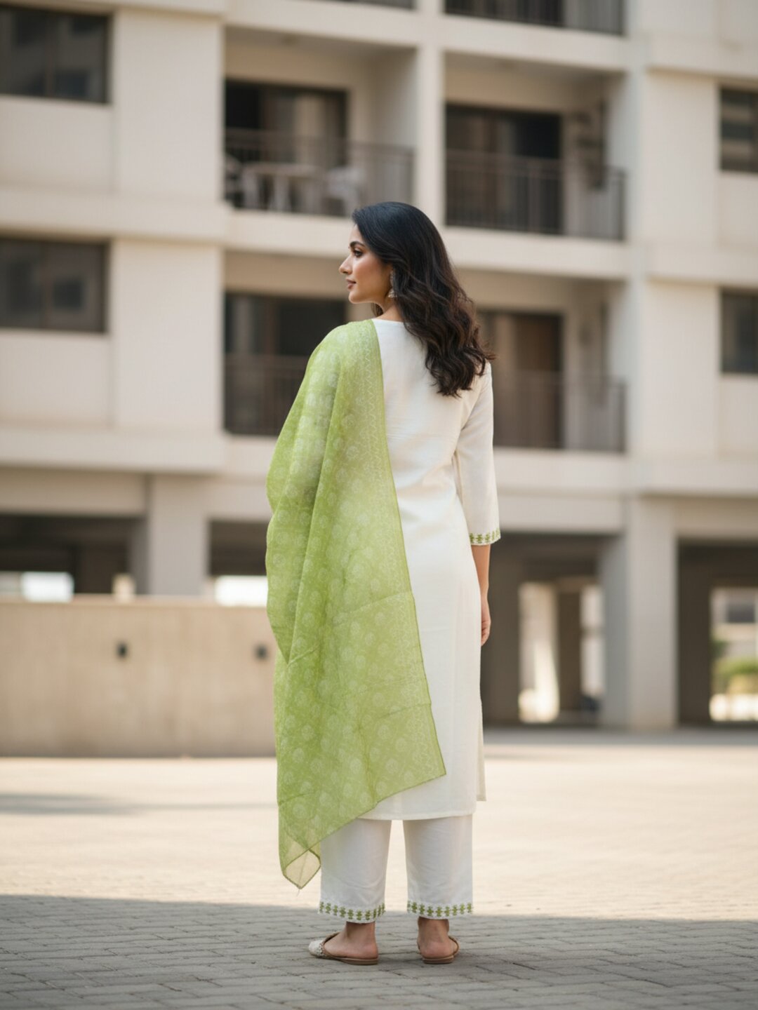 Off White & Olive Green 3 Piece Kurta Set for Women with Dupatta | Elegant Embroidered Kurti Pant Set | Festive Wear, Office Wear & Traditional Ethnic Suit