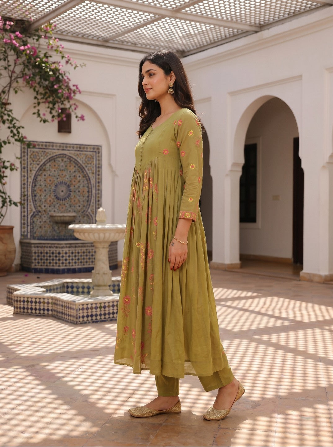 Premium Floral Printed Mal Chanderi Kurta Set for Women with Roman Silk Pant | Elegant Festive & Ethnic Wear