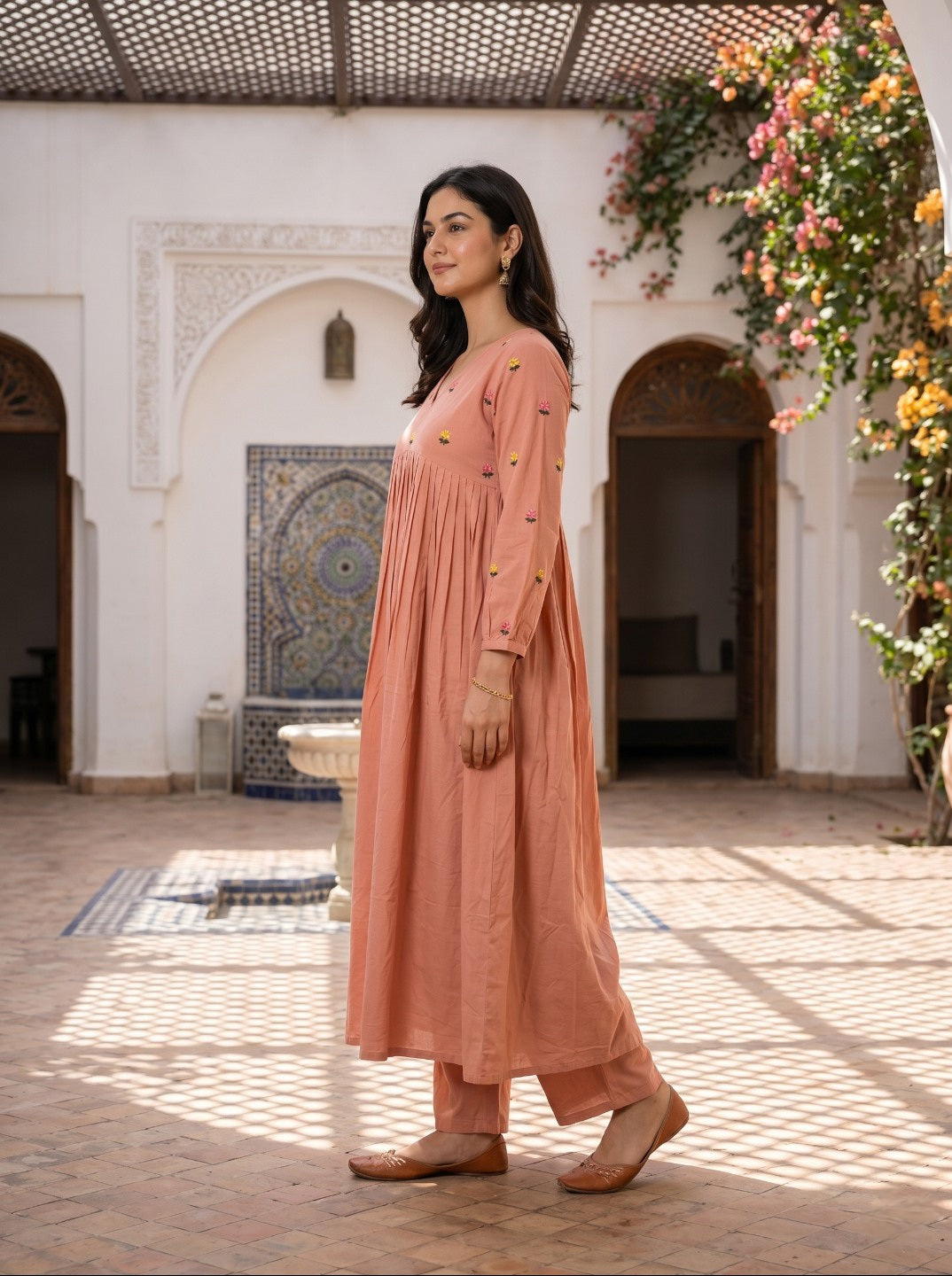 Women Pure Cotton Floral Embroidered A-Line Anarkali Kurta with Straight Pants | Summer Kurta Set