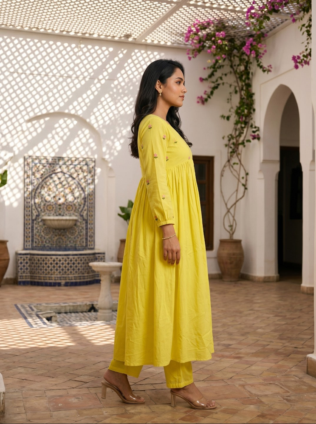 Women Pure Cotton Floral Embroidered A-Line Anarkali Kurta with Straight Pants | Summer Kurta Set