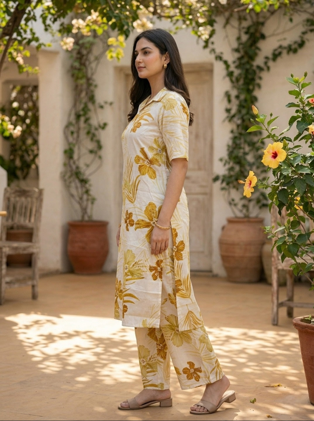Mustard Floral Printed Vartican Silk Co-Ord Set for Women | Premium Summer Co-Ord Set with Collar Neck & Straight Pant