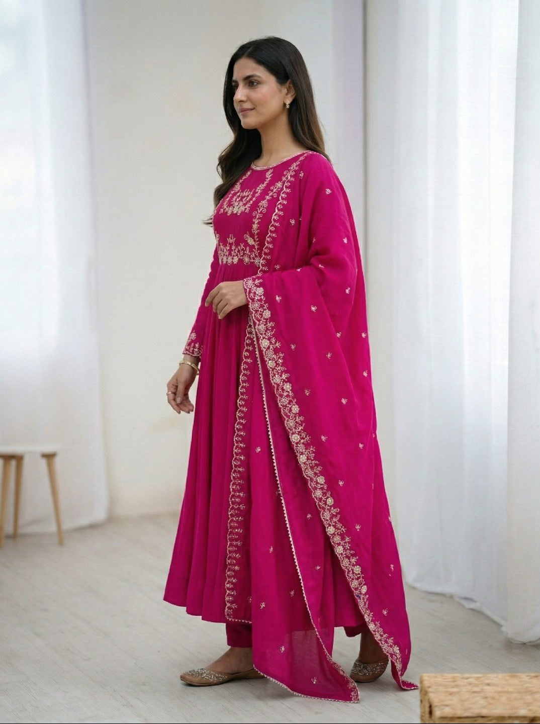Dark Pink Anarkali Kurta Set with Dupatta & Pant | Roman Chanderi Silk Fully Flared Ethnic Wear for Women | Festive & Wedding Collection