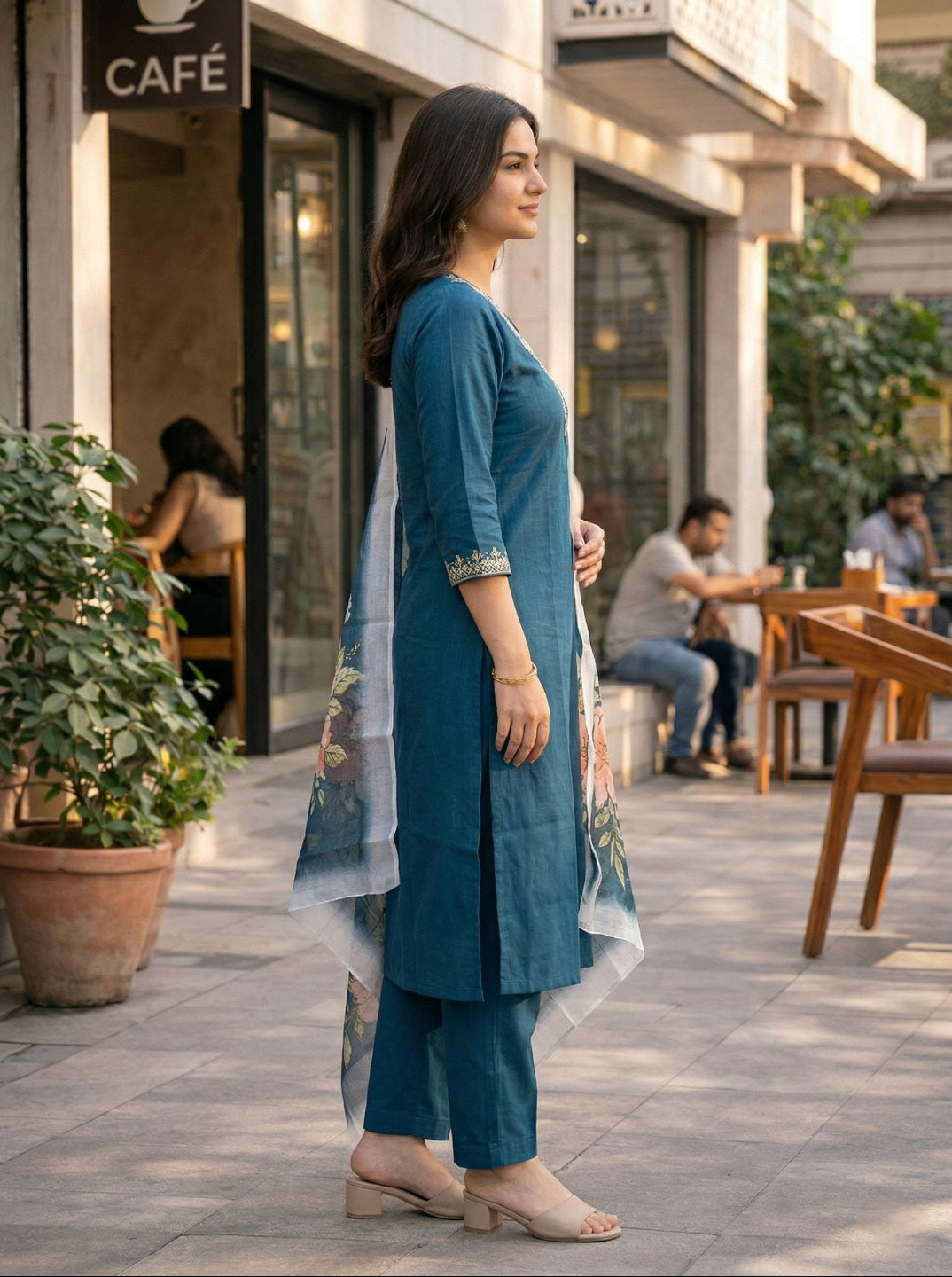 Women Rayon Slub Kurta Set with Chanderi Floral Digital Print Dupatta | Elegant Ethnic Suit Set