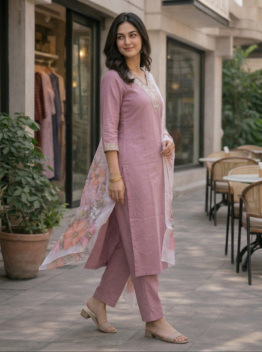 Women Rayon Slub Kurta Set with Chanderi Floral Digital Print Dupatta | Elegant Ethnic Suit Set