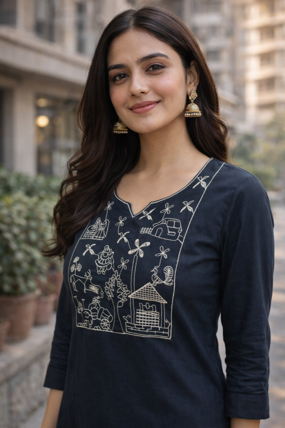 Black Embroidered Straight Kurti for Women V-Neck Style