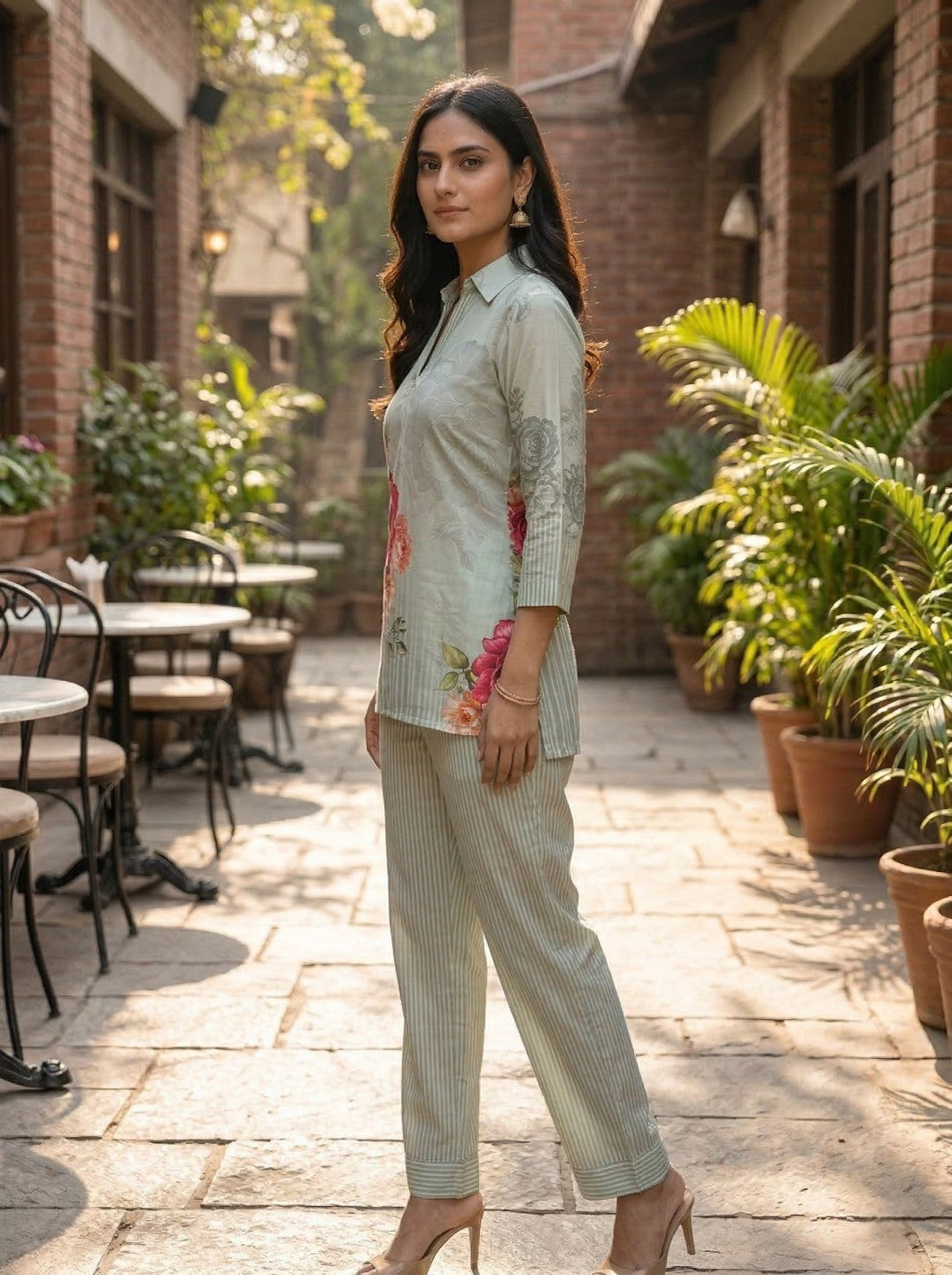 Women Sage Green Floral Printed Co-Ord Set | Straight Kurta & Striped Pant Set | Casual Ethnic Wear