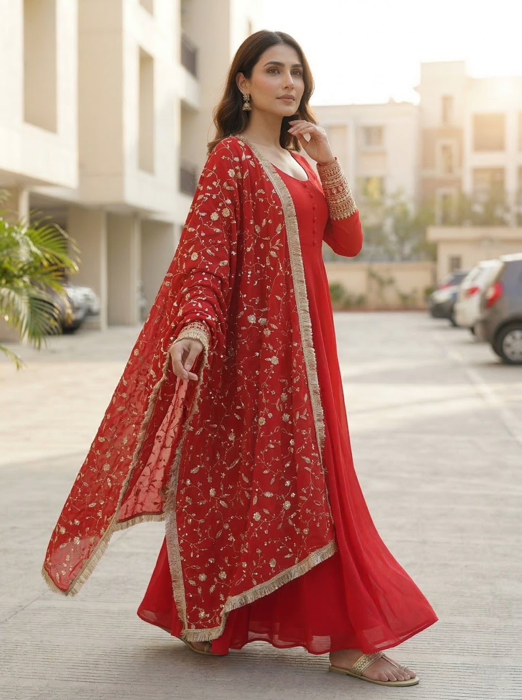 Georgette Anarkali Gown Set with Embroidered Dupatta & Pant – Festive Wear | Fully Stitched