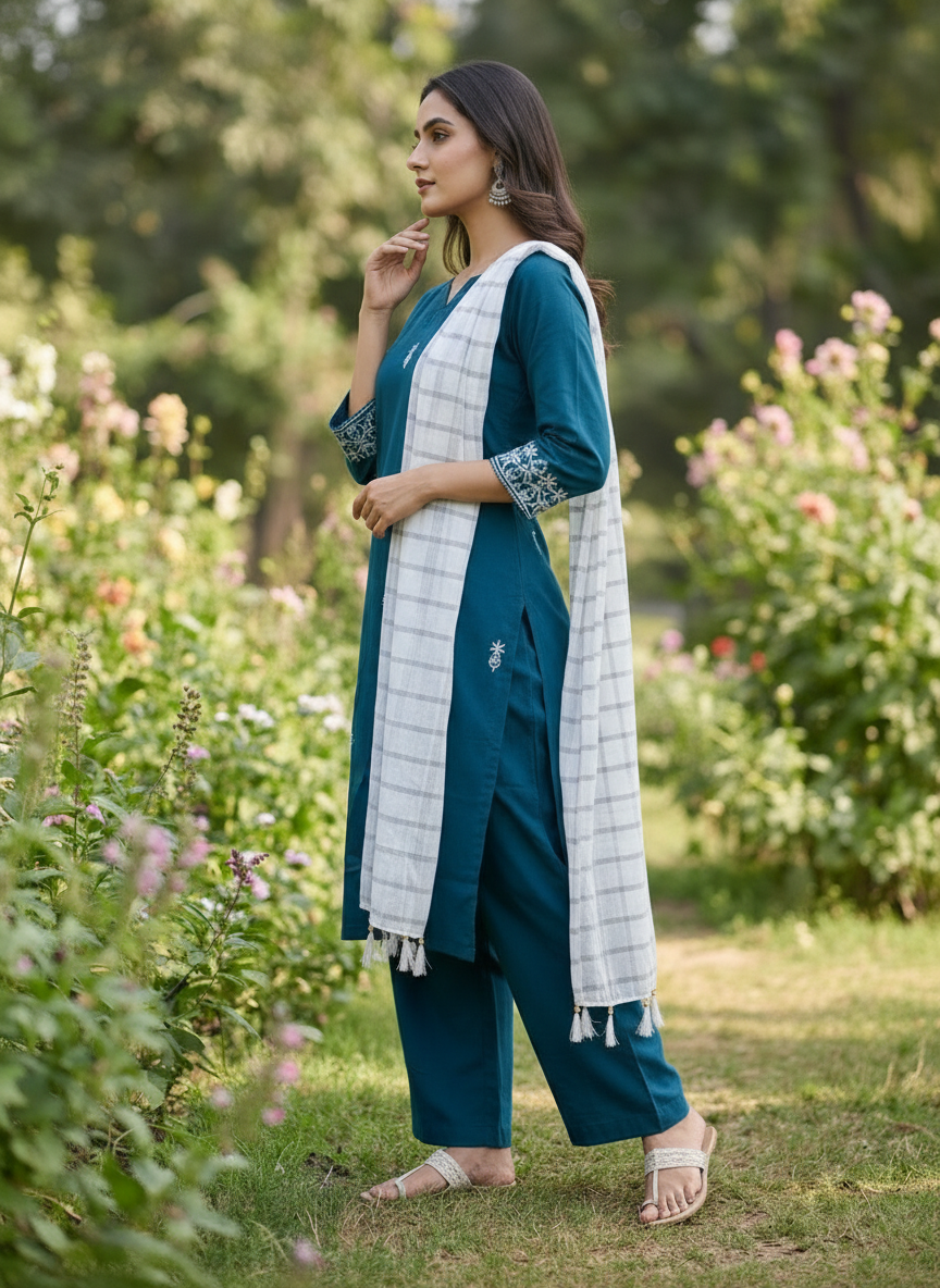Women’s Teal Embroidered Kurta with Palazzos & Dupatta – Elegant Ethnic Suit Set