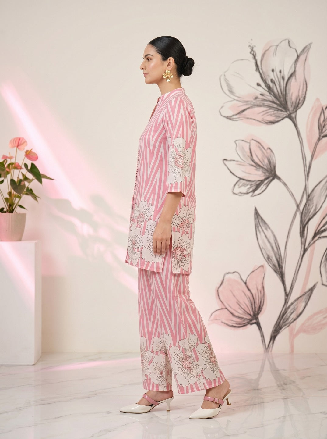 Pink Floral Cotton Co-Ord Set for Women | Striped Top & Straight Pant | Festive & Casual Wear