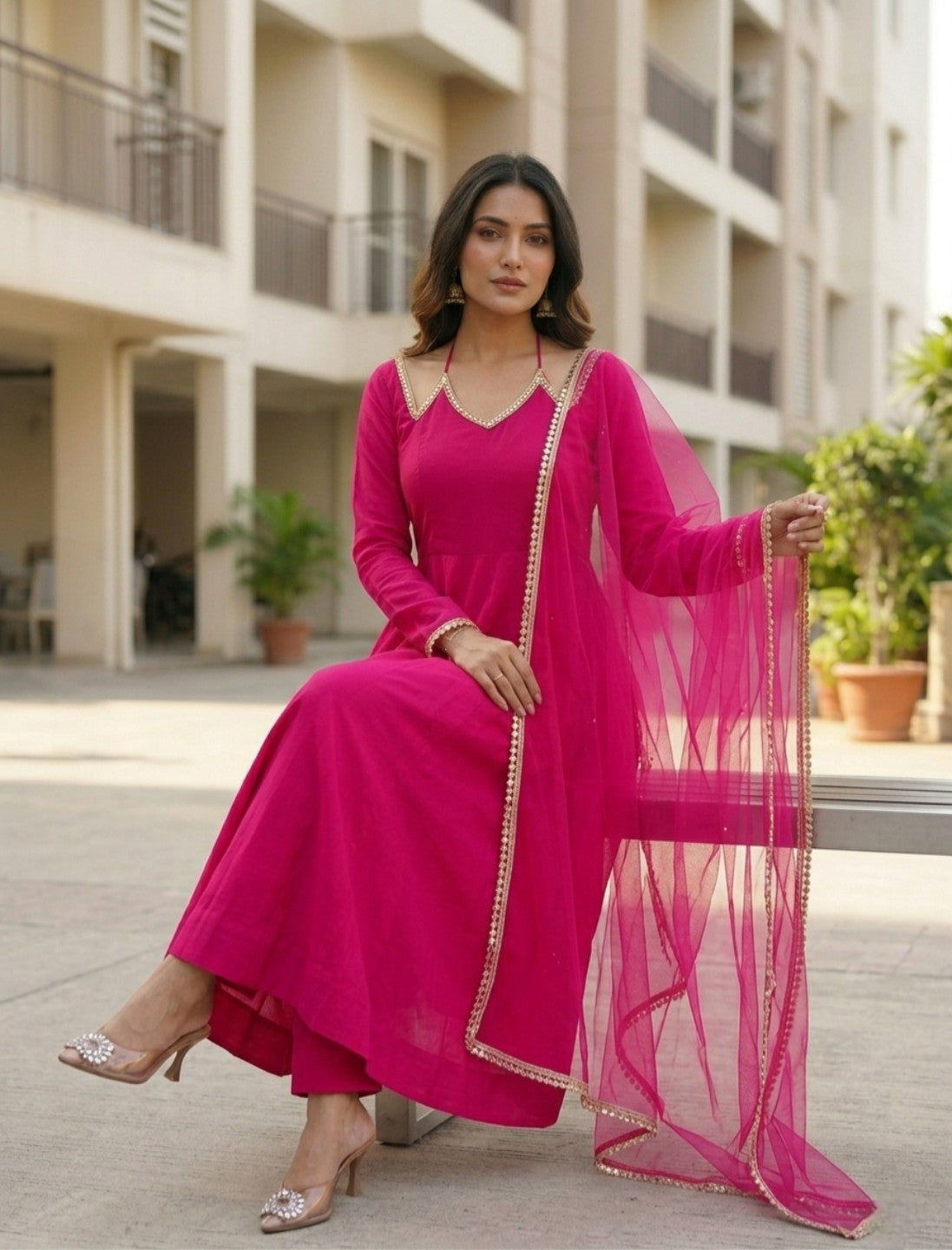 Roman Silk Chanderi Anarkali Kurta Set with Net Dupatta | Festive & Wedding Wear for Women