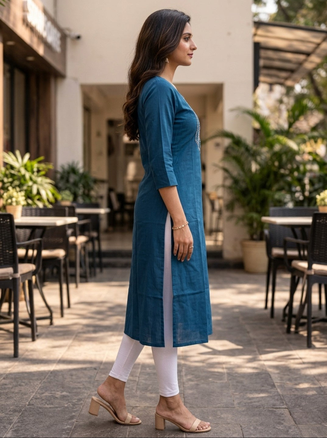Women Tealblue Embroidered Rayon Slub Straight Kurti | Ethnic Casual Office Wear Kurta