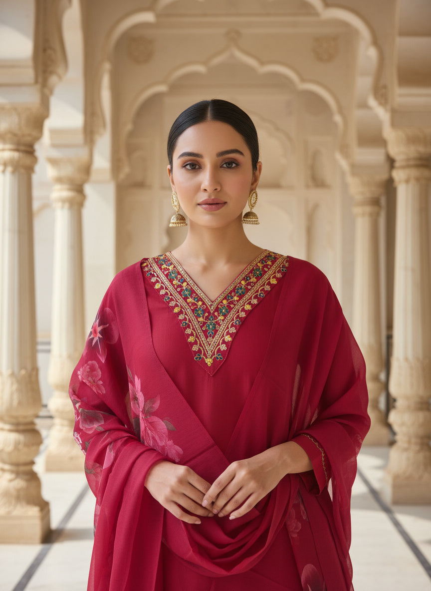 Red Floral Embroidered Straight Kurta Set with Trousers and Dupatta in Cotton Blend - for Festive & Ethnic Wear