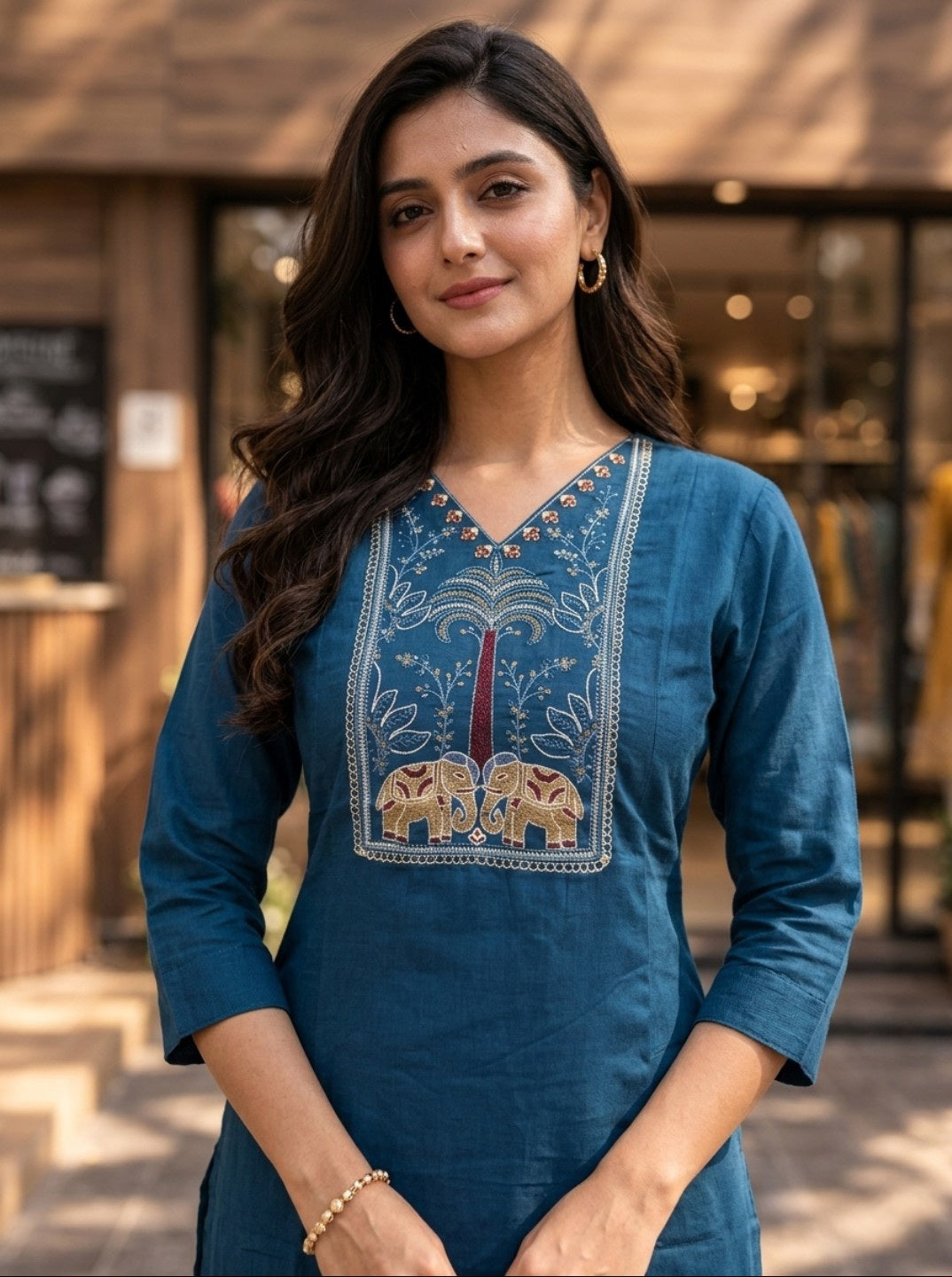 Women Tealblue Embroidered Rayon Slub Straight Kurti | Ethnic Casual Office Wear Kurta