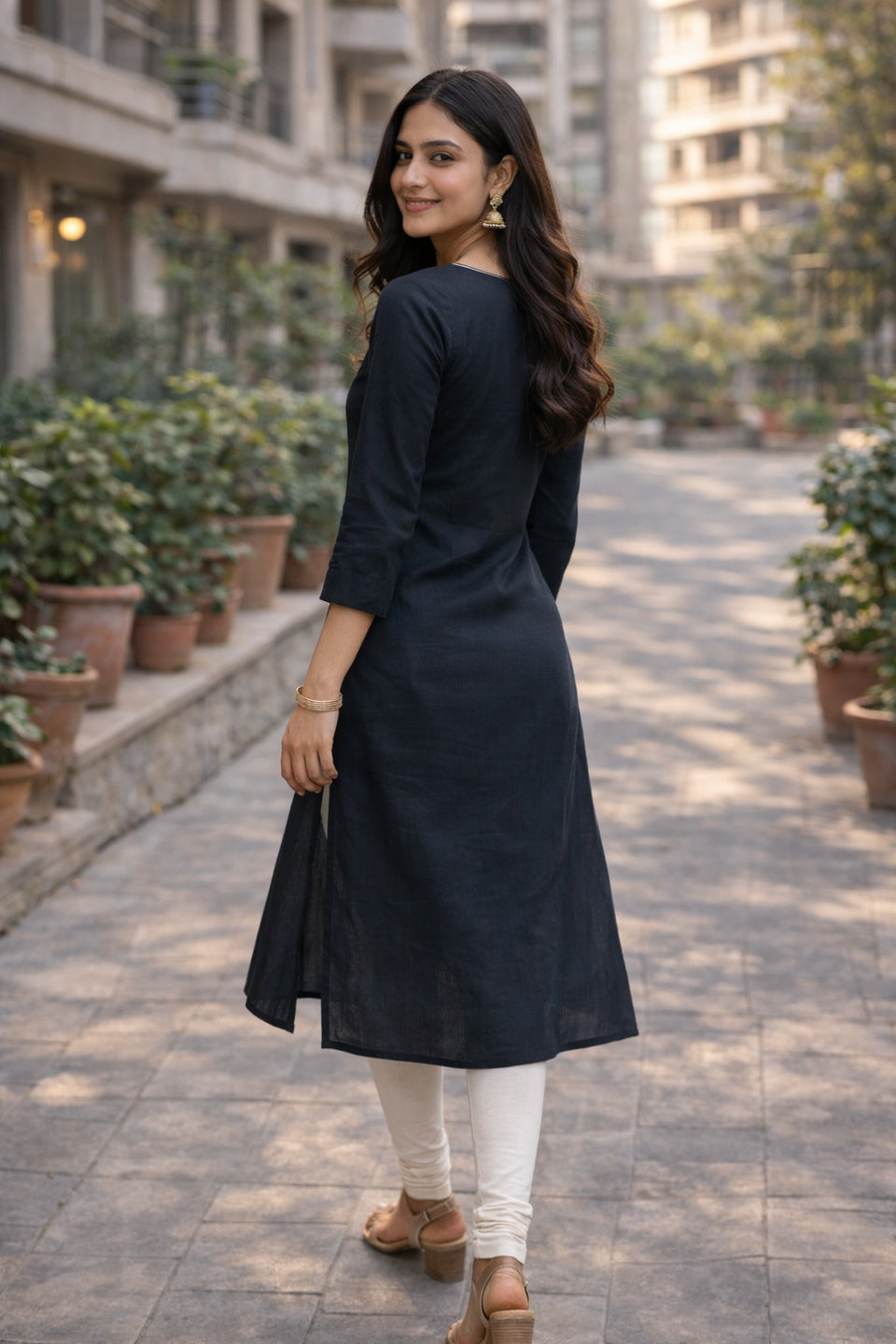 Black Embroidered Straight Kurti for Women V-Neck Style