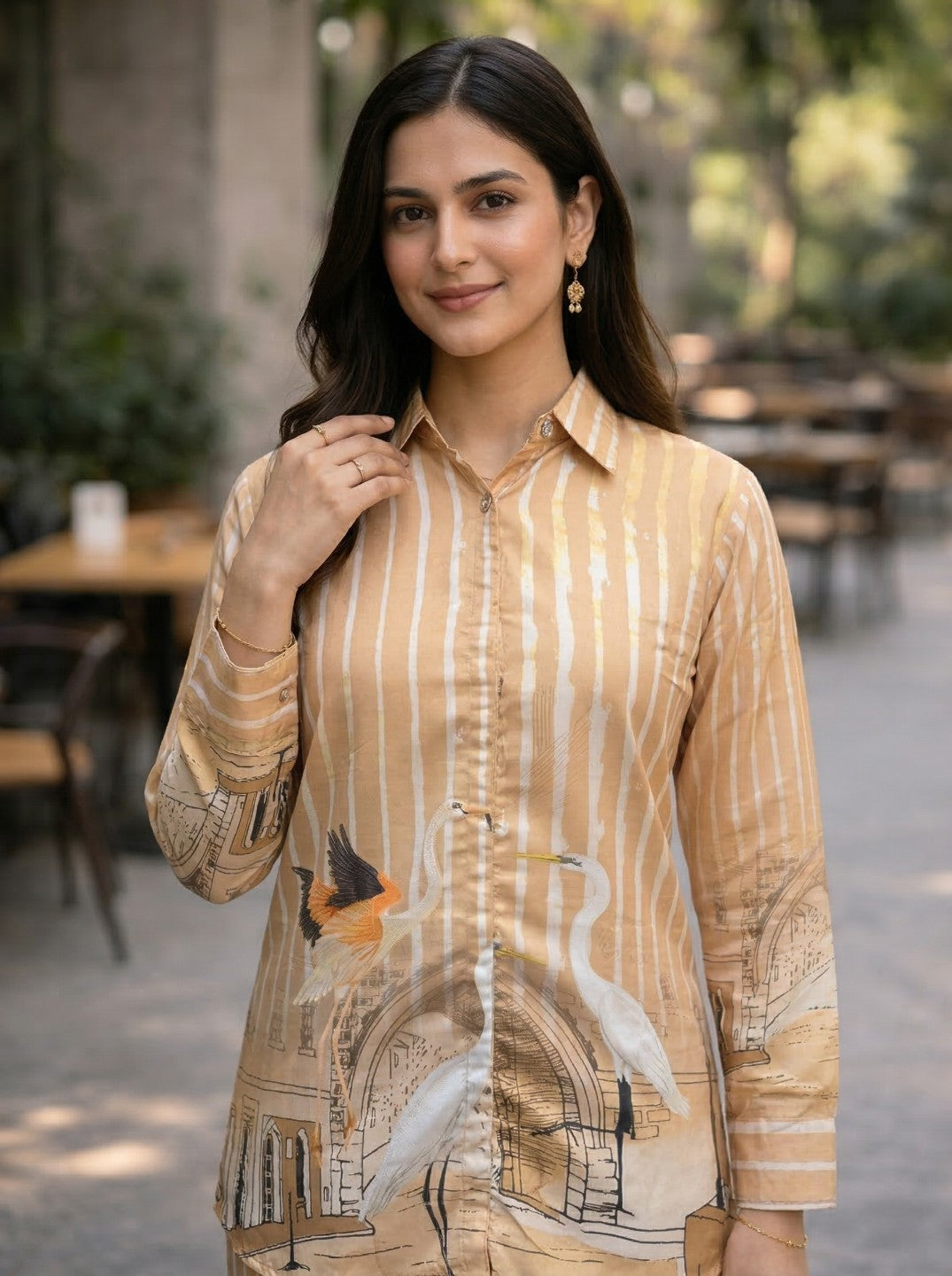 Women Mustard Printed Co-Ord Set | Shirt Style Kurta & Striped Pants | Trendy Casual Ethnic Wear