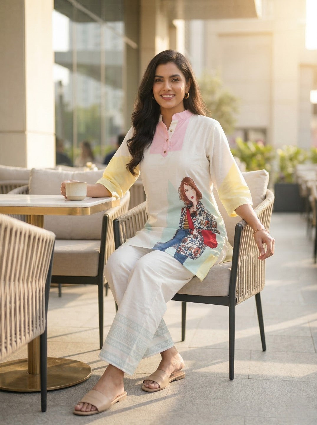 Women White Printed Co-Ord Set | Casual Kurta & Pant Set | Trendy Graphic Ethnic Wear