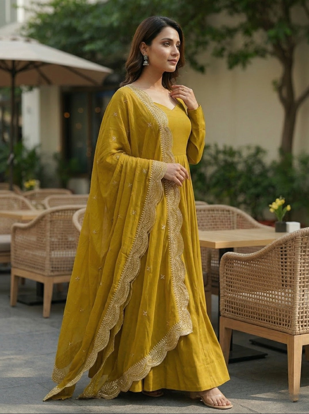 Roman Silk Chanderi Anarkali Kurta Set with Embroidered Dupatta & Pant | Fully Flared Festive Wear for Women