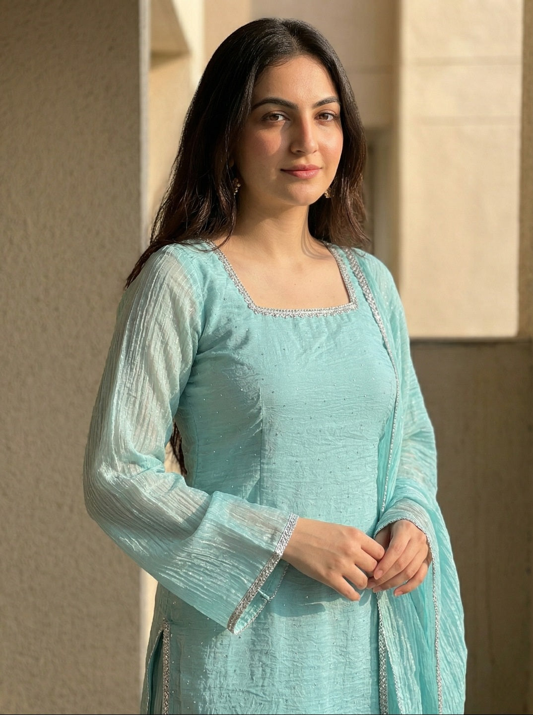 Women Crunchy Silk Kurta Set with Farshi Salwar & Dupatta | Sirovski Work Ethnic Suit