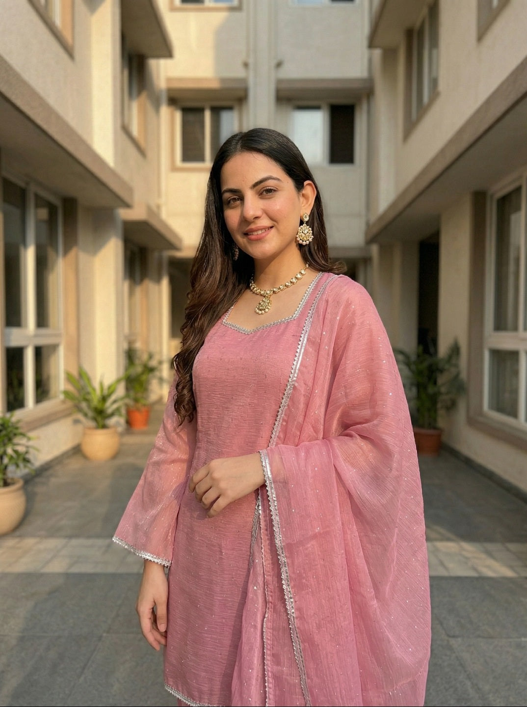 Women Crunchy Silk Kurta Set with Farshi Salwar & Dupatta | Sirovski Work Ethnic Suit