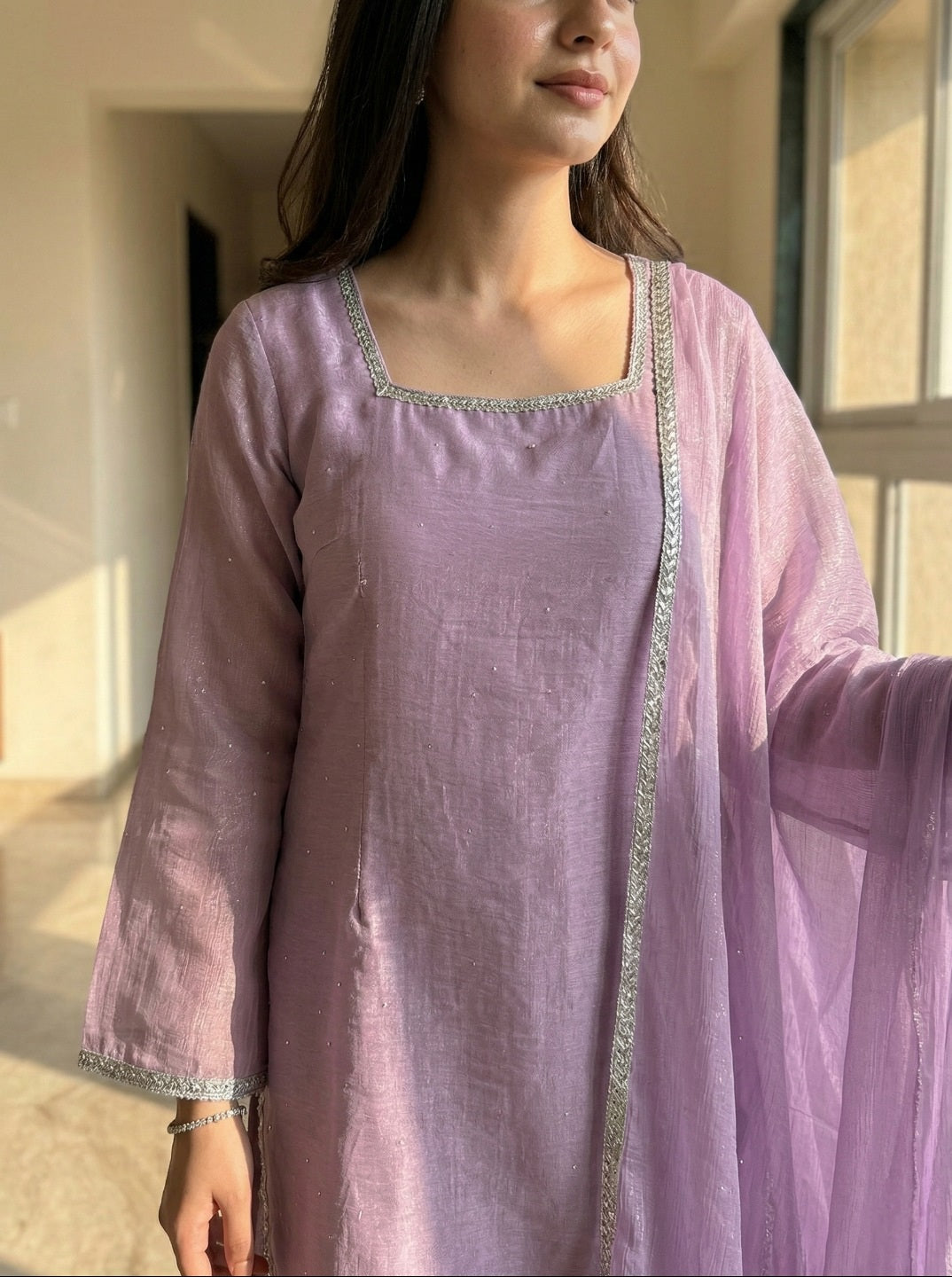 Women Crunchy Silk Kurta Set with Farshi Salwar & Dupatta | Sirovski Work Ethnic Suit