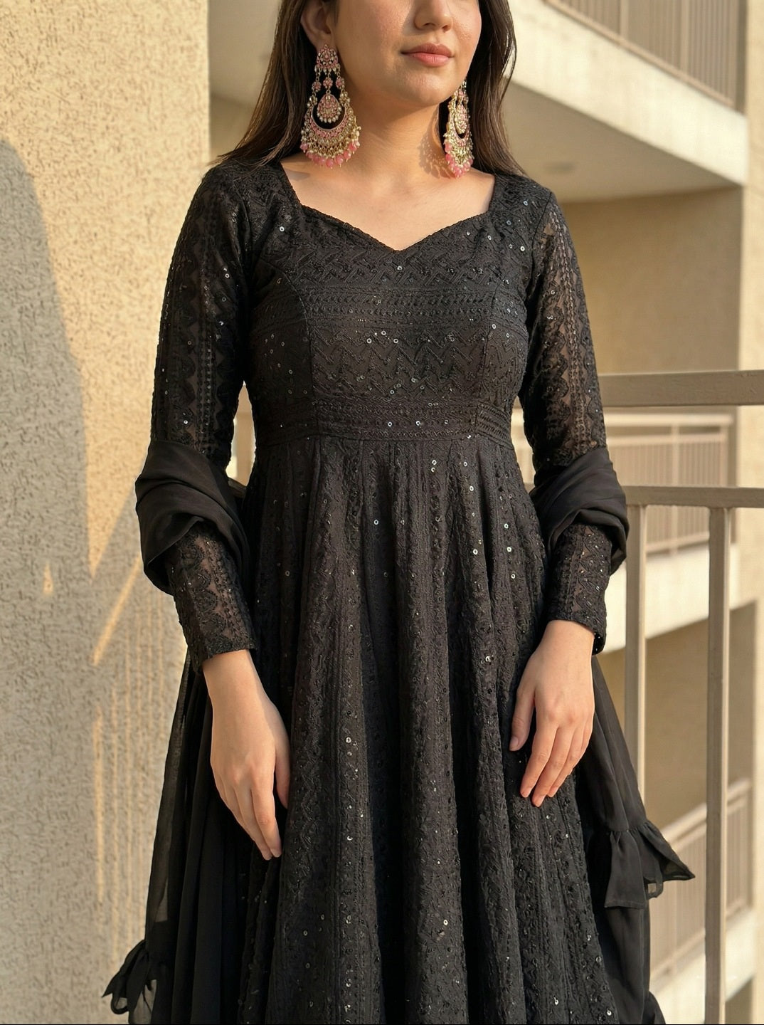 Lucknowi Georgette Anarkali Suit Set with Dupatta | Heavy Sequence Work Ethnic Wear for Women