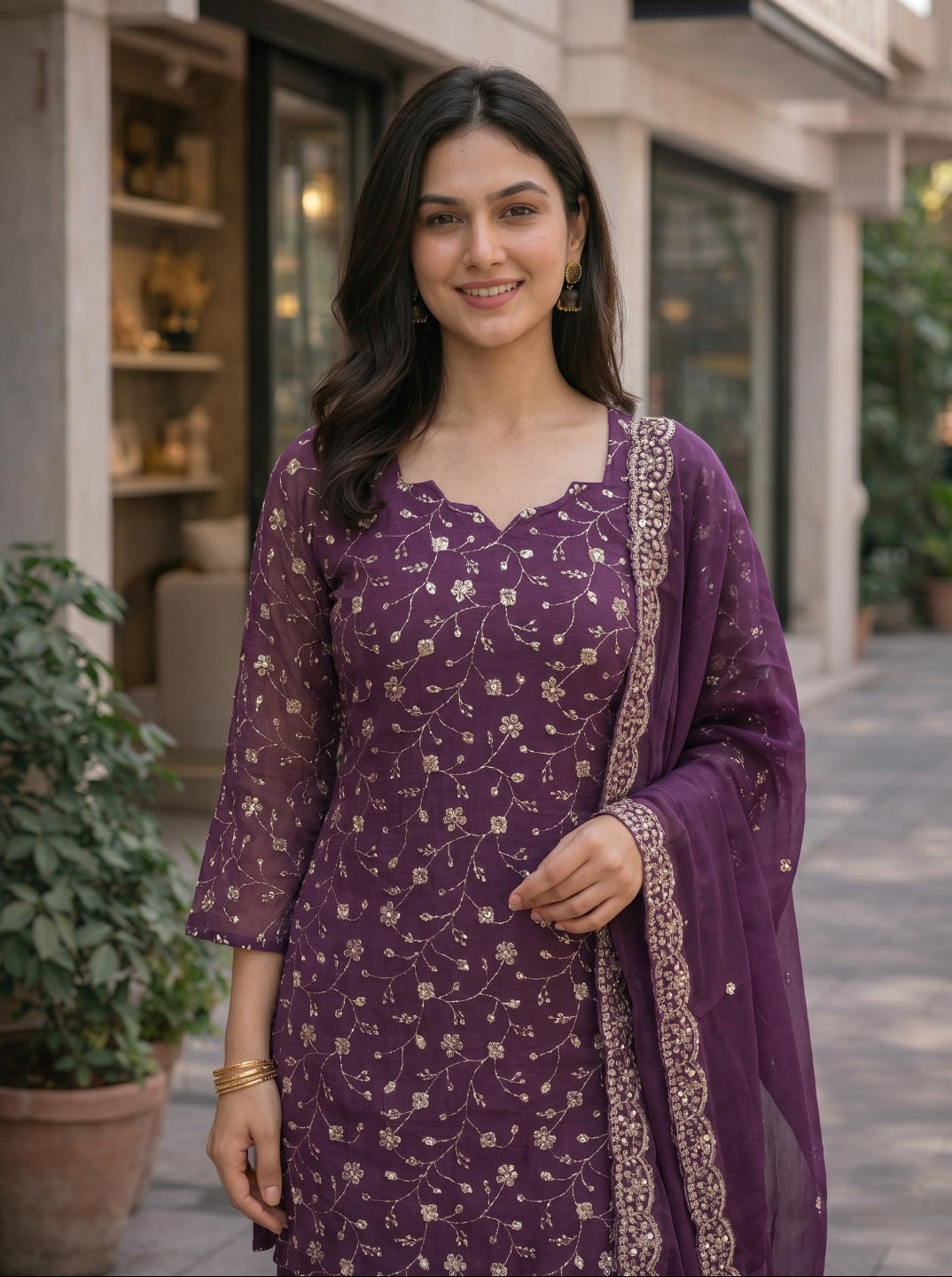 Purple Embroidered Crunchy Silk Kurta Set with Dupatta | Elegant Festive & Wedding Wear for Women