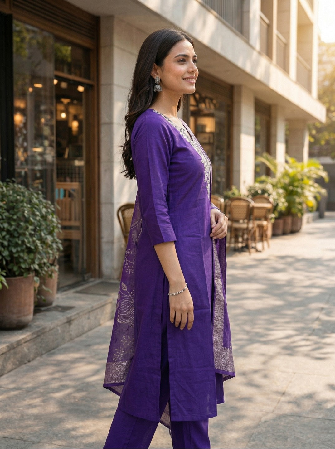 Purple Straight Kurta with V-Neck and Three Quarter Sleeves – Side View – Zivraa