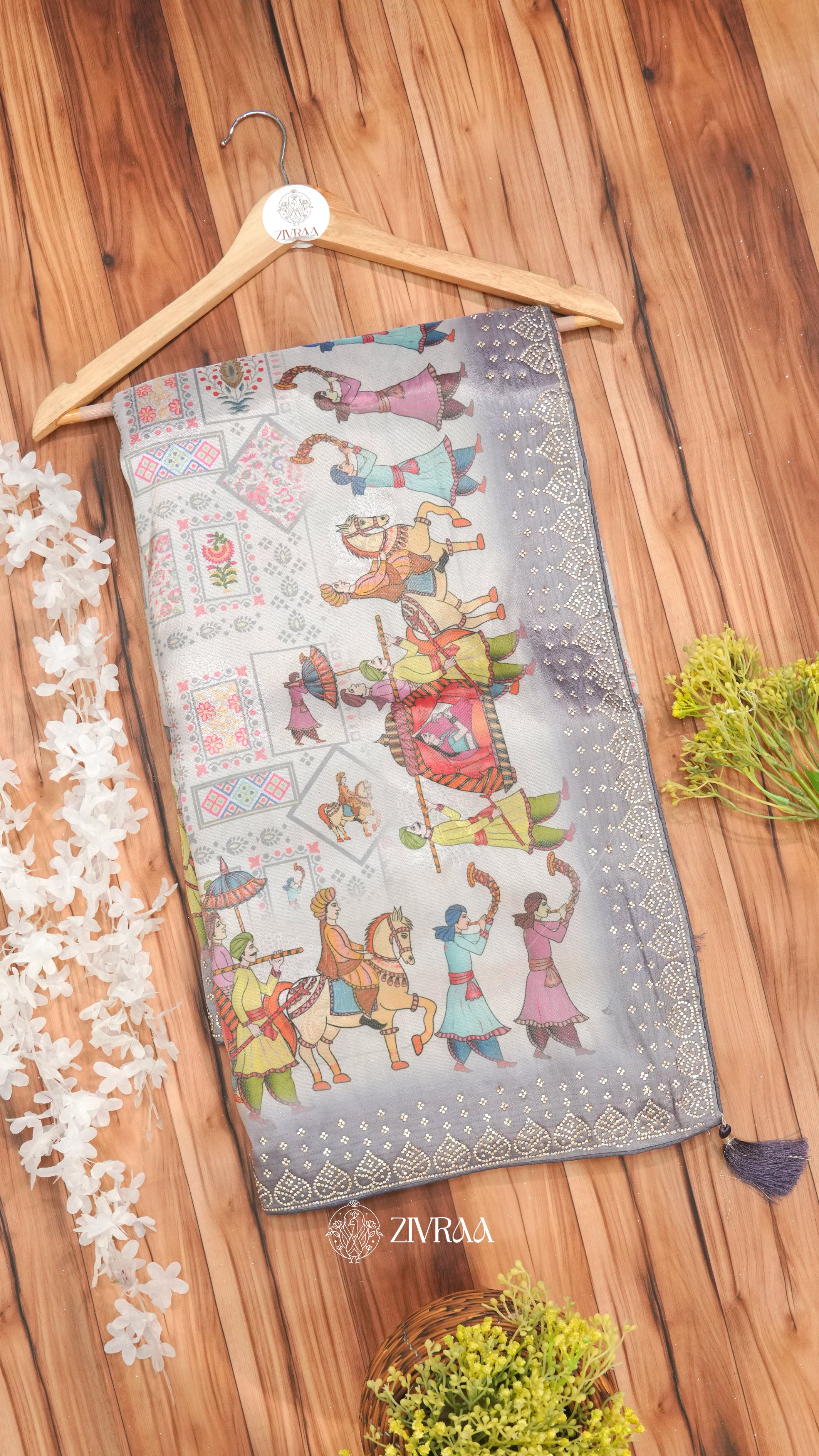 Beige Folk Art Print Saree with Silver Zari Border | Traditional Indian Cultural Motif Saree