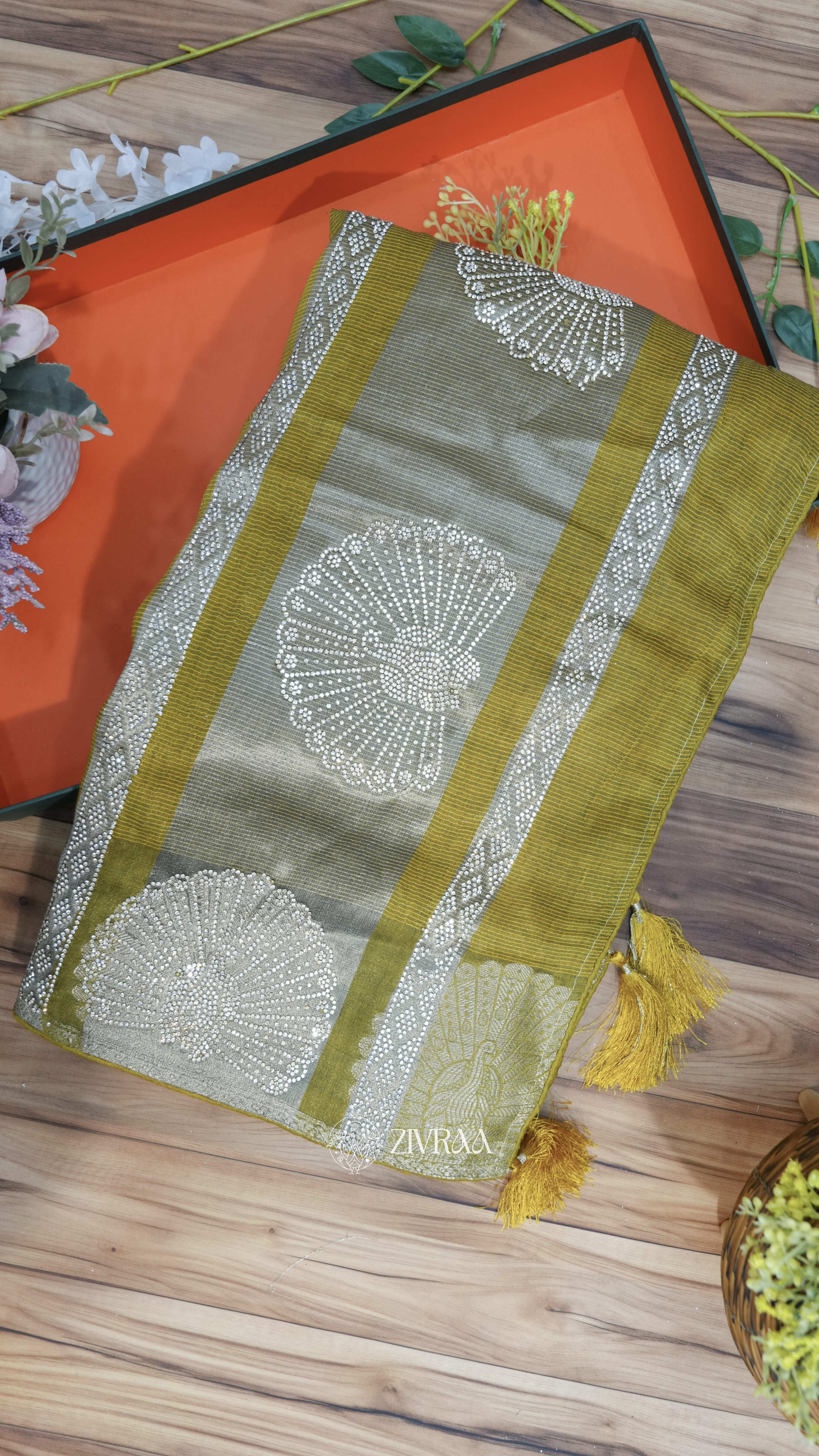 Olive Green Silk Blend Saree with Silver Zari & Handcrafted Motif Border