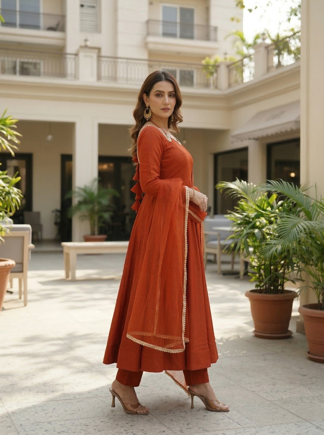 Anarkali Kurta Set with Net Dupatta | Roman Silk Chanderi Festive Wear for Women