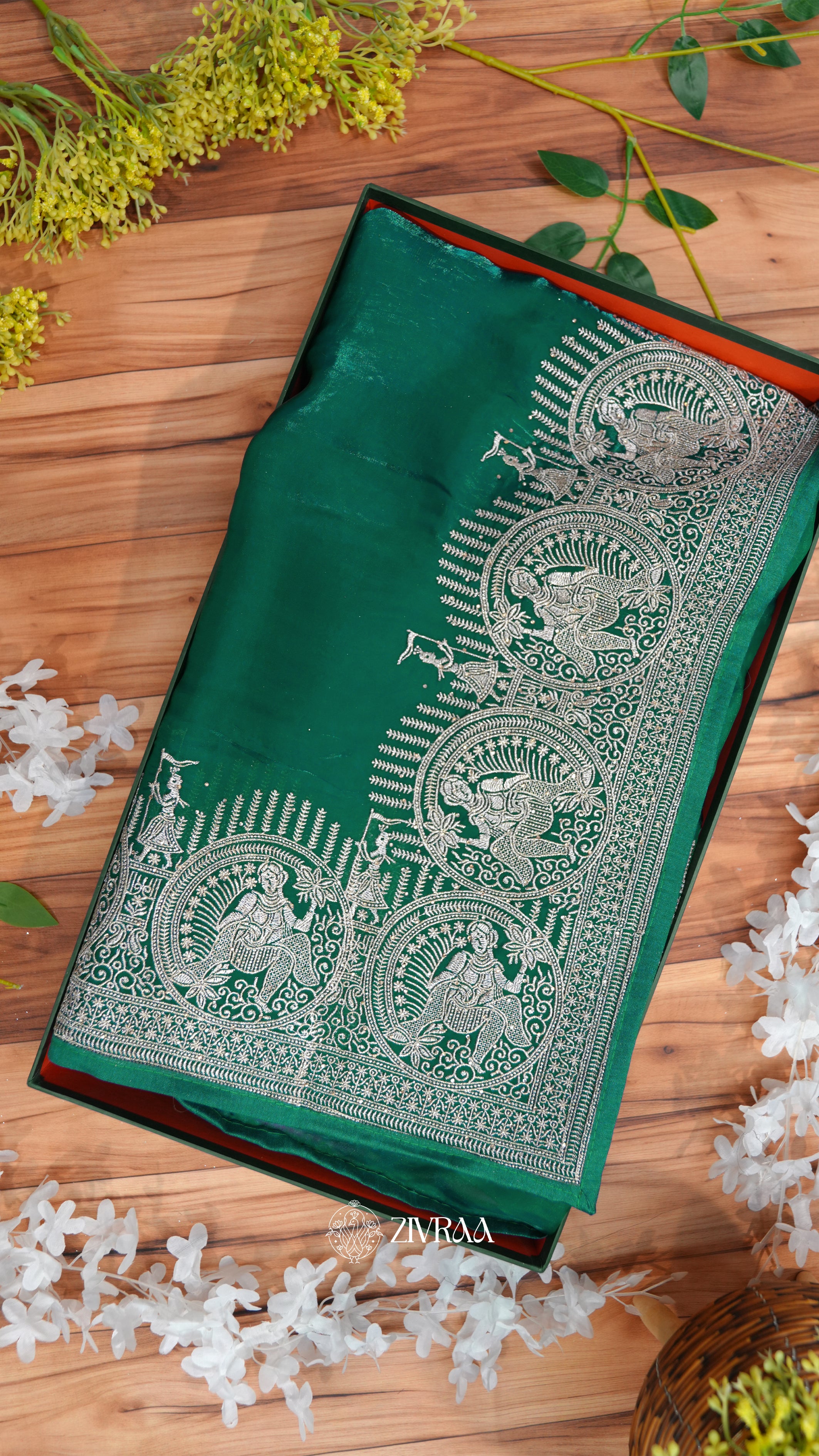 Elegant Rani Silk Saree with Traditional Silver Zari Motifs & Designer Border