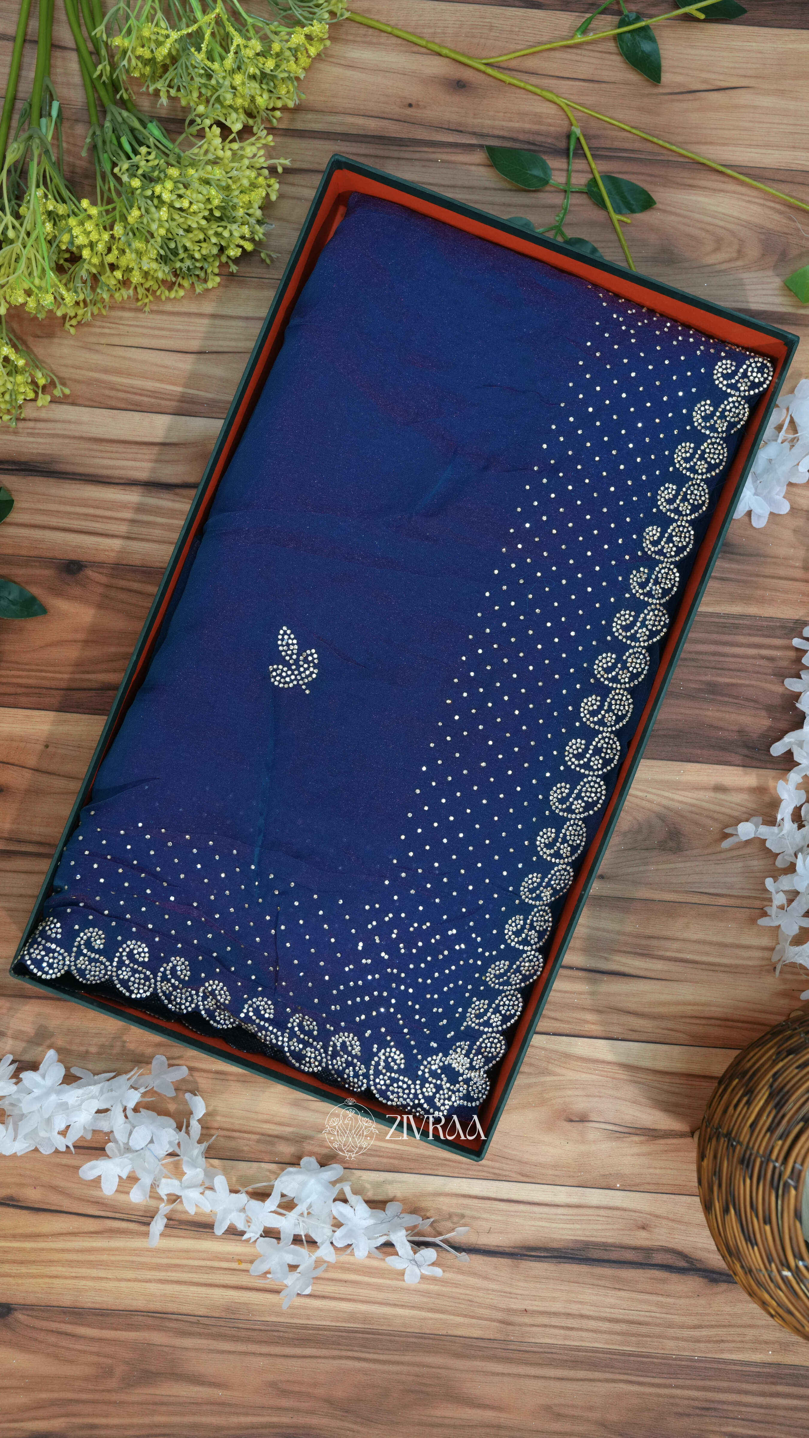 Elegant Dark Olive Stone Work Designer Saree with Embellished Border